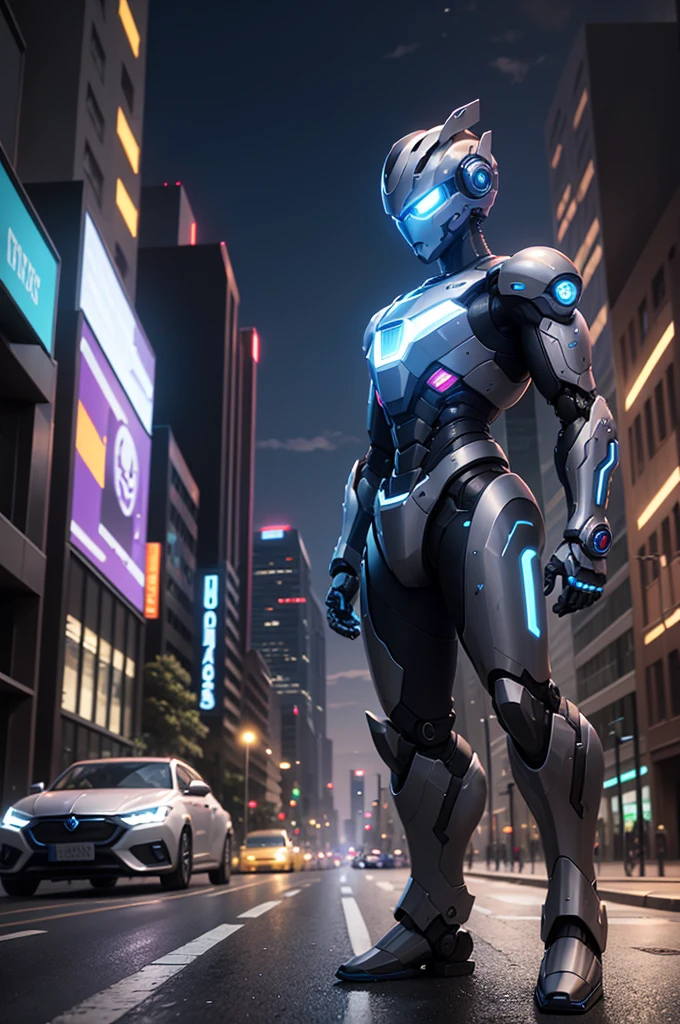 A robot with a silver exterior and blue highlights is standing in the center of a city street. The design of the robot appears advanced and humanoid, with a helmet that illuminates its eyes in blue, and hands that are detailed with five fingers. The urban backdrop features a mix of blue and purple neon lights, with two cars parked along the sides of the street. The setting gives off a futuristic and technological vibe, and there's evidence of it being later in the day, though the exact time is not confirmed. Buildings can be seen in the background, contributing to the urban context.