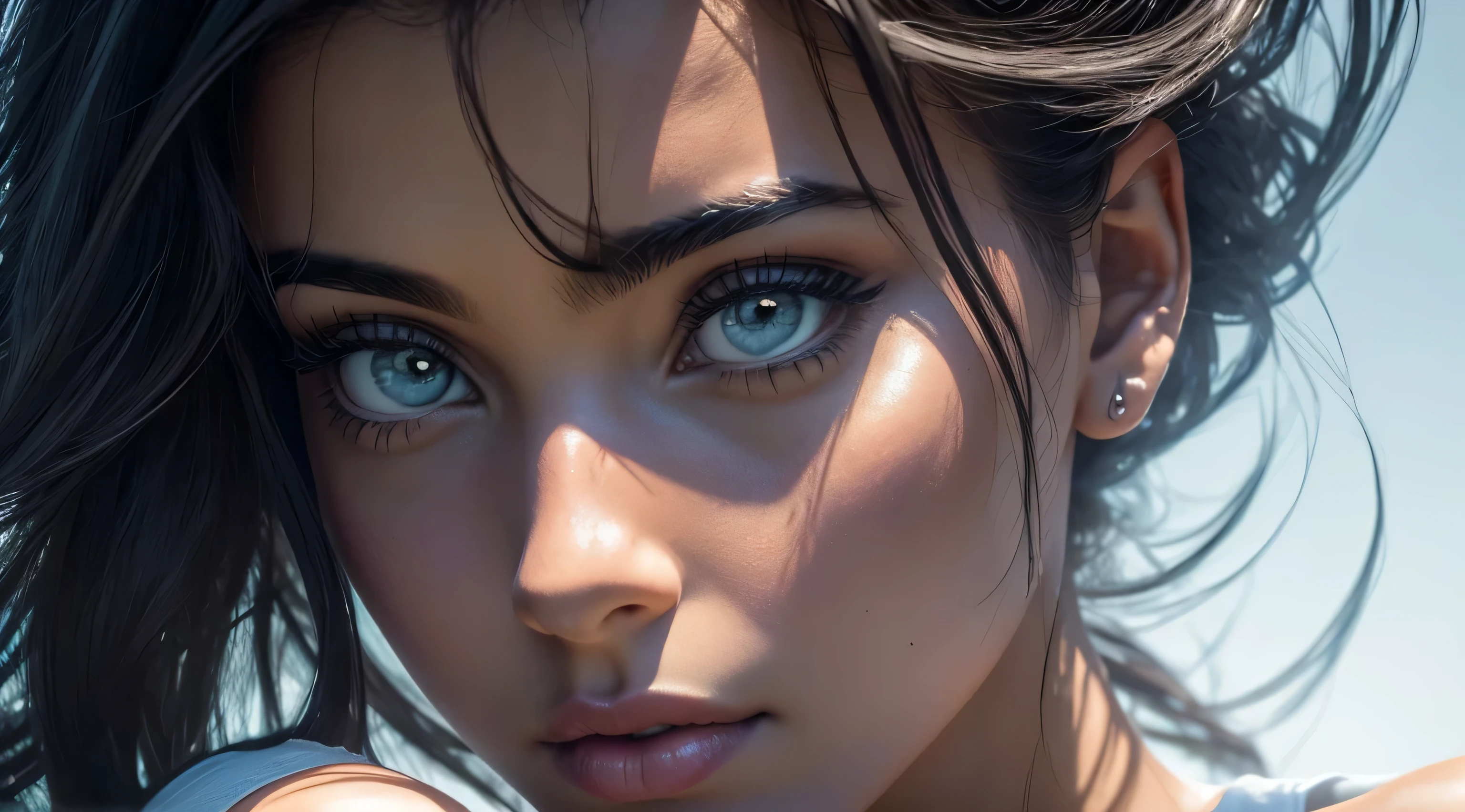 fotografia crua, ultra-detalhado fotografia realista, hiper-realista, anatomic, elegante, Estilo HR Giger, Estilo Joe Benitez, 8k, (zoom: 0.7), melhor qualidade, obra prima, extremamente delicado e lindo, extremamente detalhado, (realista, fotografiarrealista:1.37), incrivelmente absurdos, His posture is confident and determined, reflecting the courage and determination that make her such a captivating character. analogue style, Modelo estilo de tiro, Retrato RAW de 1girl, pele clara, black hair, cabelos negros longos, skinny girl, slender girl, small breats, athletic, defined muscles, white cotton t-shirt, foco no rosto, ((beautiful face: 1.7, rosto perfeito:1.3)), (de cima:1.2), maquiagem escura sobre os olhos, red-lips, olhos realistas, olhos azuis, blue irises, a faint enigmatic smile, dedos realisticos, 5 dedos, melhor qualidade, epicotografia, Sony A7, 50 millimeters, Casais:1.5, cores, hiperdetalhado:1.5, filmic grain:1.4, hiper-realista: 1.5), textura realista hiper-realista, master part, Motor Unreal 5, extremamente detalhado CG unidade 8k papel de parede, Foto loucamente detalhada.