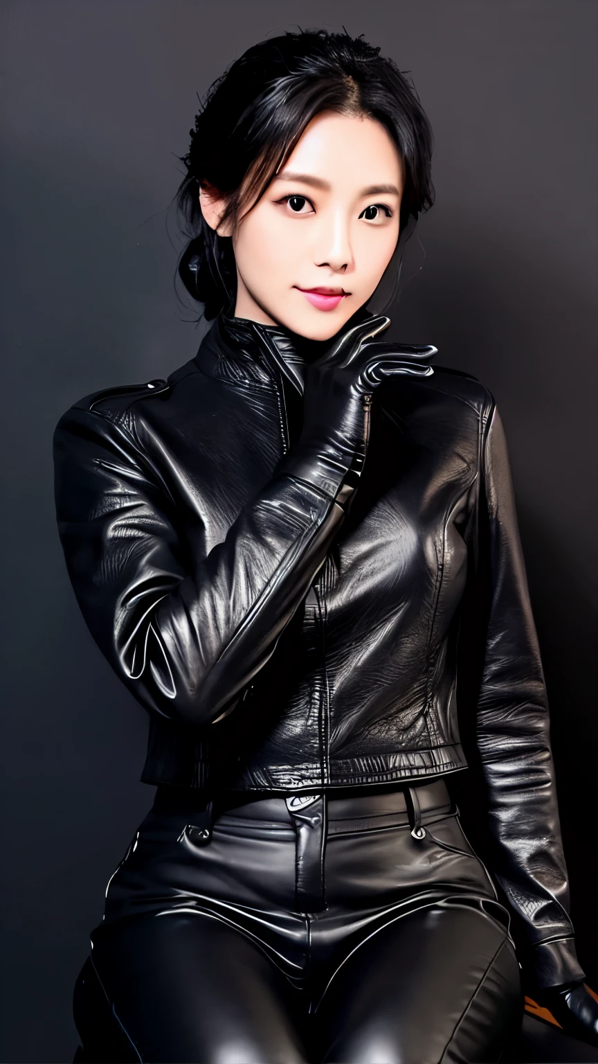 Black leather riders jacket, Office in the Dark, Black leather glove fingertips on both hands,Wearing black leather gloves,Sitting in a black leather chair、 Japan Female New Employees (Black leather gloves cover both hands) (The angle is sideways)、Black Leather Leather Pants,Black Leather Black Leather Pants,Black Leather Skinny Pants、Long black leather boots on both feet、Black Hair Ponytail ((He wears black leather gloves on his hands))Full body photo,Full Body Shot Full Body Full Body Leather Suit,☺If you turn in this direction。Wearing black leather gloves,Wearing black leather gloves,Wearing black leather gloves,Wearing black leather gloves,Wearing black leather gloves,Wearing black leather gloves,黒のレザーパンツが美しい😍黒のレザーパンツが美しい😍黒のレザーパンツが美しい,😍I'm smiling while looking at you,Full body photo,Full body photo,Full body leather wear