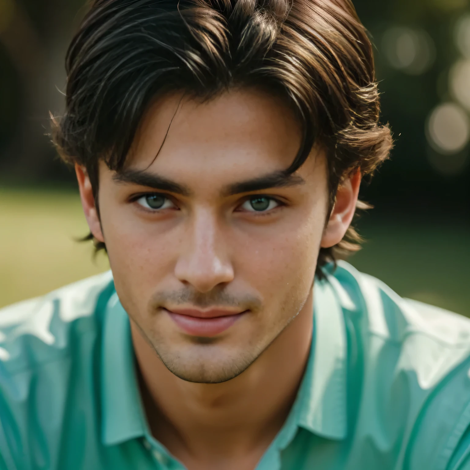 photo of a stunning handsome man 24 years old, Blue eyes, short messy hair, black hair, hair flipping, close-up, enlarged in a narrow frame, Portrait, In a shirt, (photorealistic:1.2) (hips:1.2) (Best quality) (color correction) (Detailed skin:1.3) (difficult) (8K) (HDR) (cinematic lighting:1.3) (sharp focus), short hair, looks at the camera, smiling, slight smile, on a green background