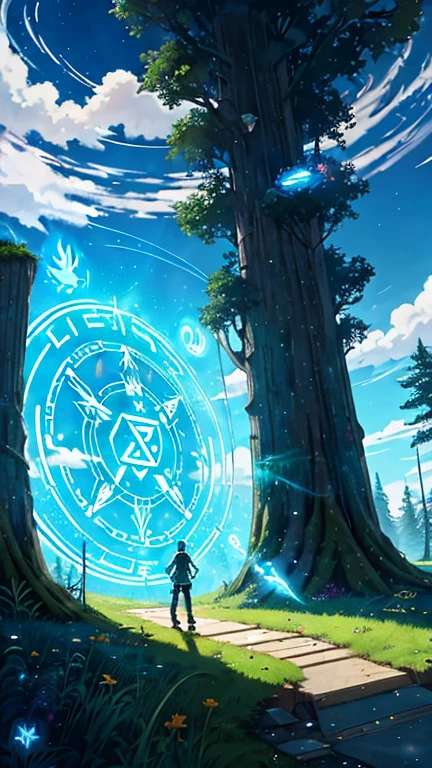 skateparks, spray artistry ,anime, fantasy, knocking to the heavens door, sky, realistic, light particles, clouds, magic circle, glyph, magic runes, outdoors, on the background a forest of electric trees, glowing with circuit-patterned leaves no human