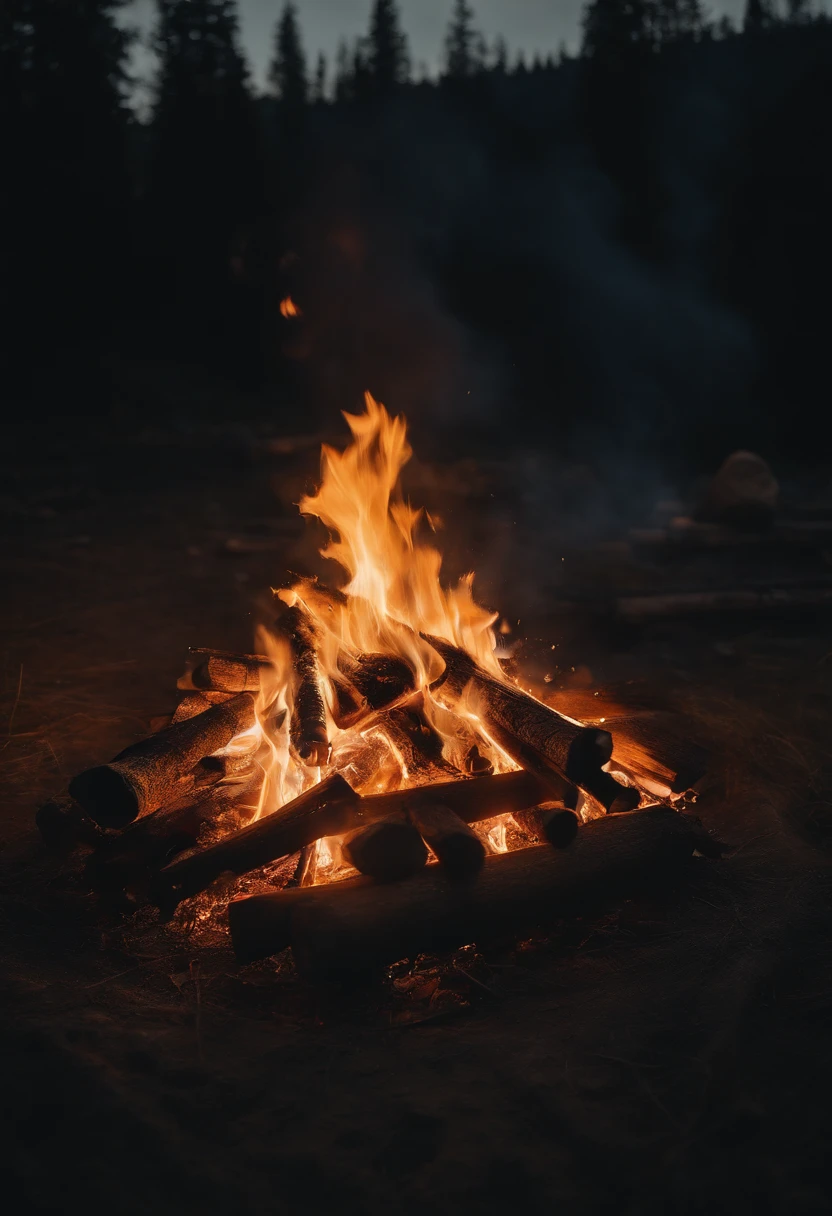 a high-angle shot of a bonfire, capturing the perspective from above and showcasing the fire’s warmth and light spreading across the surrounding area