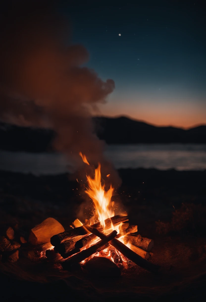 a night sky shot with a bonfire in the foreground, allowing the glowing embers and flames to illuminate the surroundings and create a captivating atmosphere