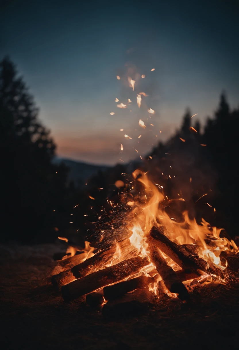 a long-exposure shot of the embers and sparks flying out of a bonfire, creating a trail of light and capturing the dynamic nature of the fire