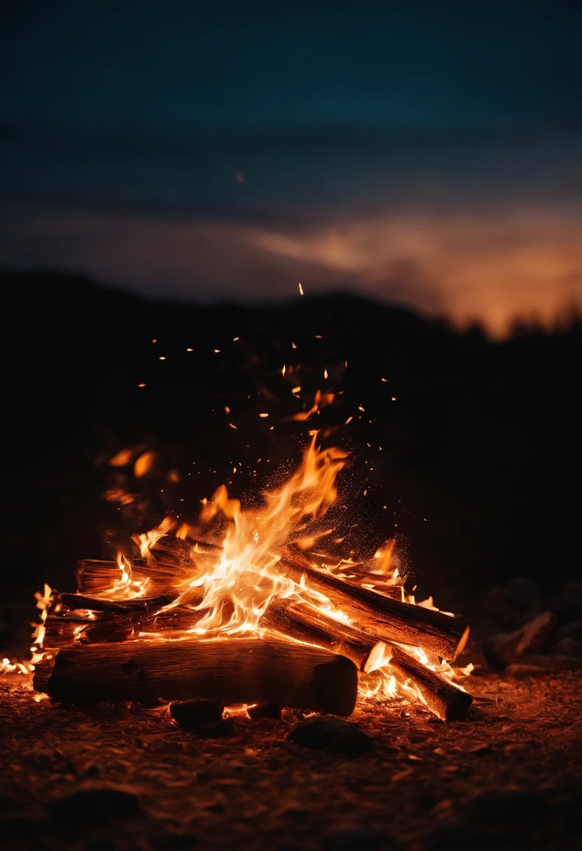 a long-exposure shot of the embers and sparks flying out of a bonfire, creating a trail of light and capturing the dynamic nature of the fire