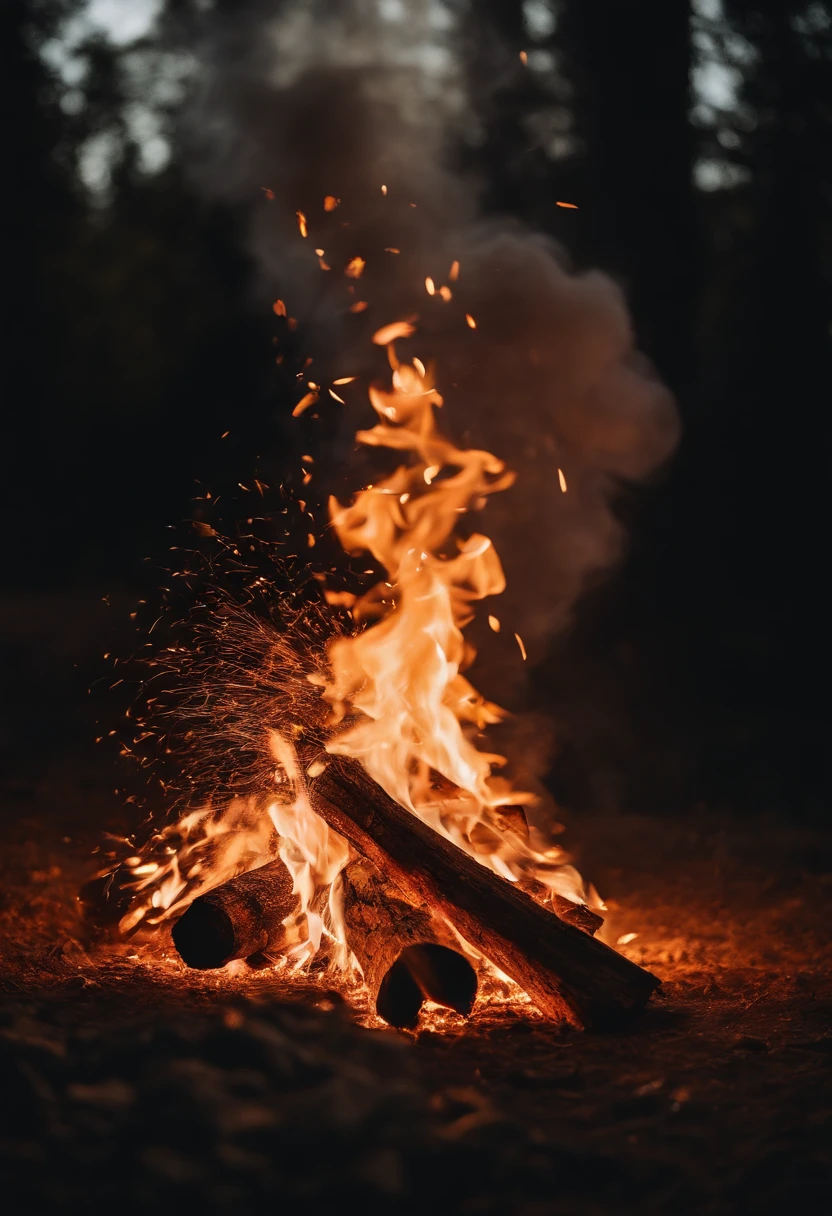 a long-exposure shot of the embers and sparks flying out of a bonfire, creating a trail of light and capturing the dynamic nature of the fire
