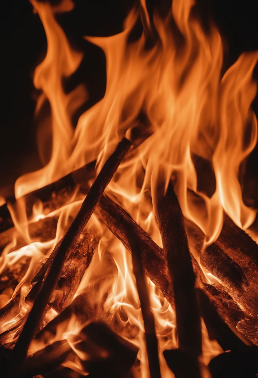 an abstract shot of the patterns and shapes created by the flames in a bonfire, experimenting with different angles and exposures to create a visually stunning and captivating image