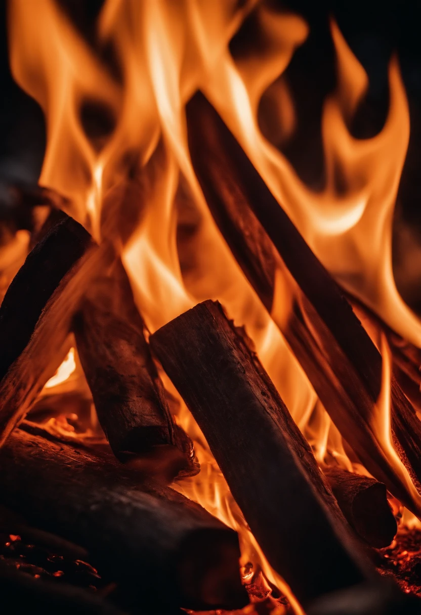 an abstract shot of the patterns and shapes created by the flames in a bonfire, experimenting with different angles and exposures to create a visually stunning and captivating image