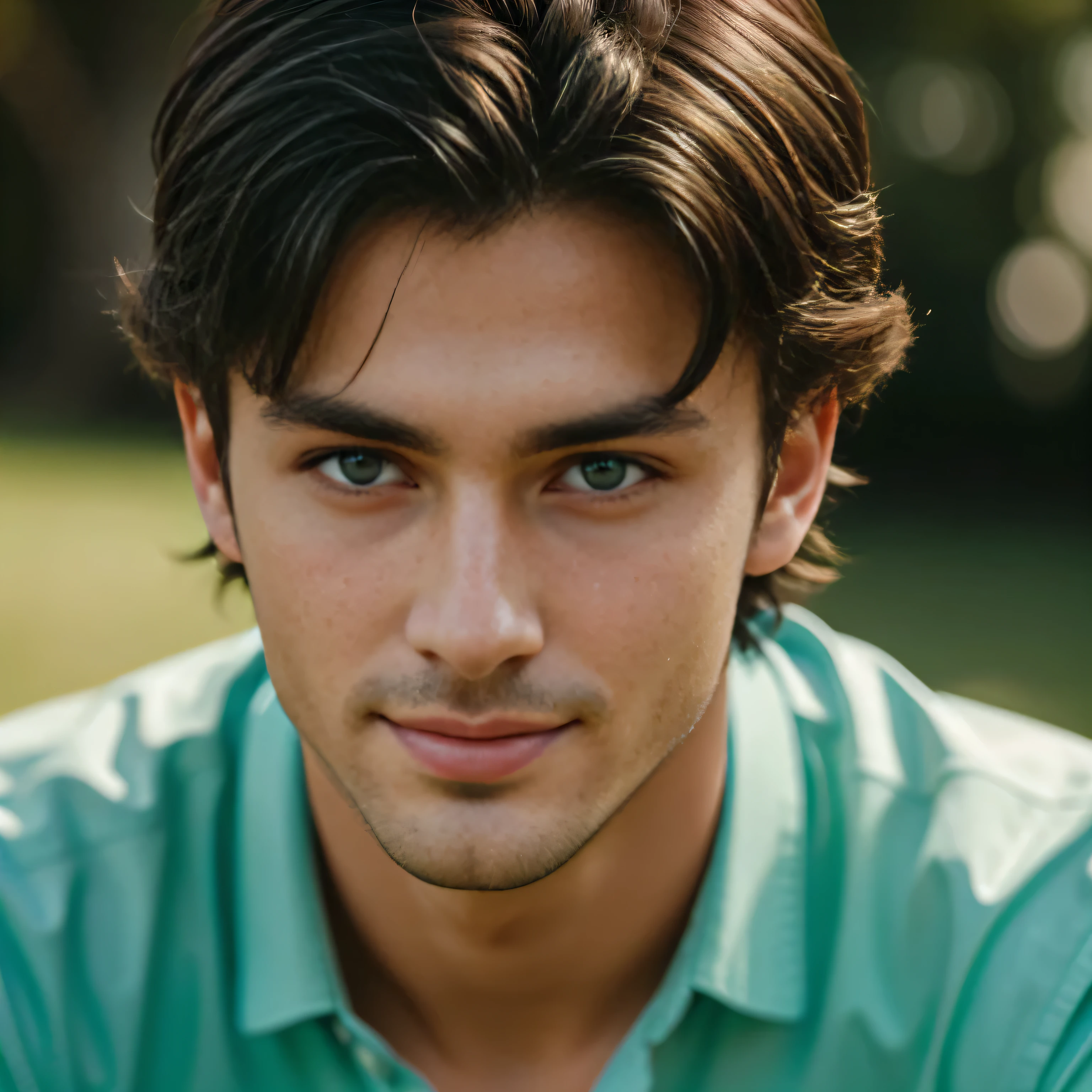 photo of a stunning handsome man 24 years old, Blue eyes, short messy hair, black hair, hair flipping, close-up, enlarged in a narrow frame, Portrait, In a shirt, (photorealistic:1.2) (hips:1.2) (Best quality) (color correction) (Detailed skin:1.3) (difficult) (8K) (HDR) (cinematic lighting:1.3) (sharp focus), short hair, looks at the camera, smiling, slight smile, on a green background