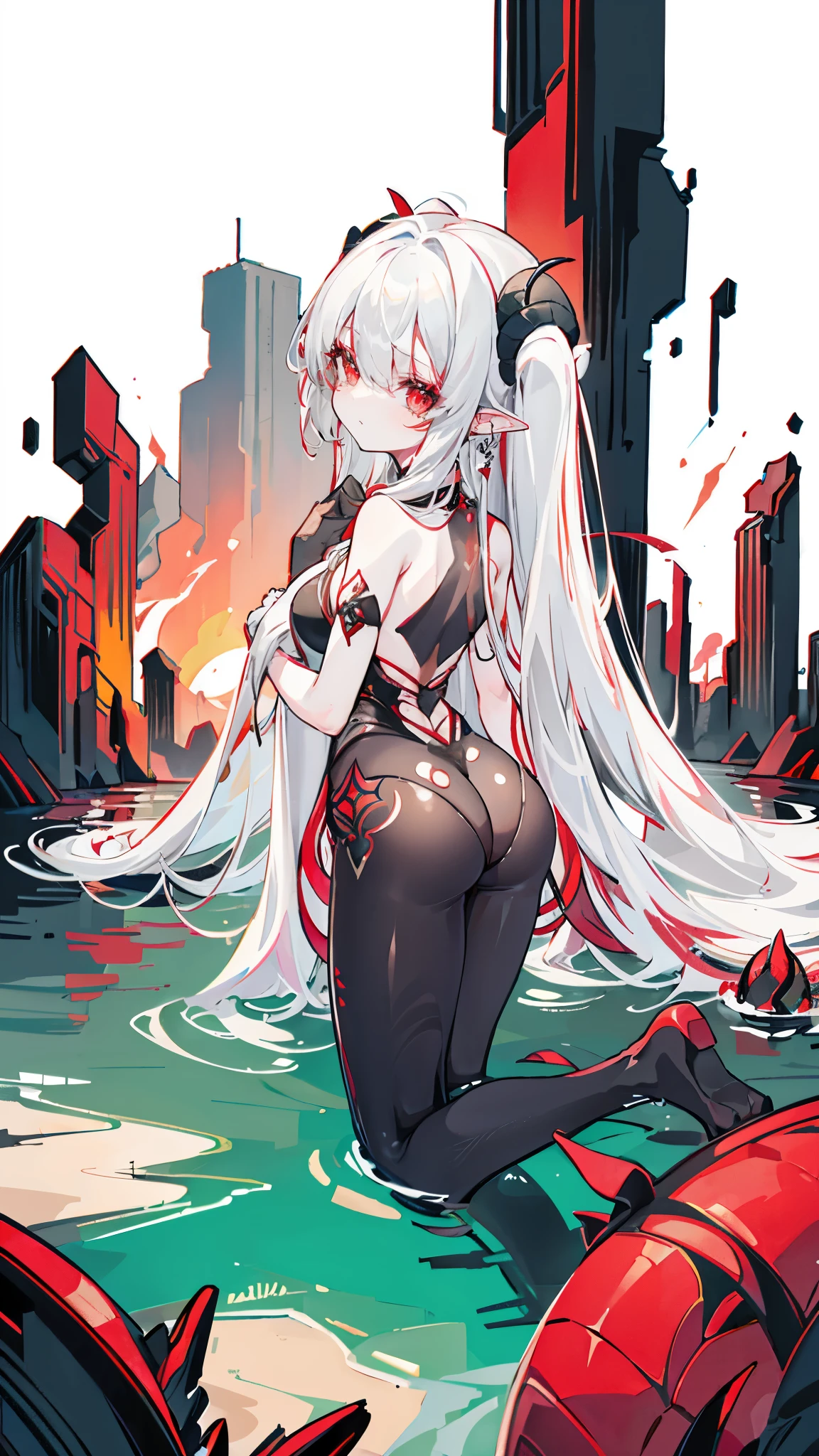 a girl,crawling on all fours, Sheep's horn, full color, long white hair, Red Eyes ,Eyeliner, , Turn your hips, immerse in water, black transparent clothes, Red, open air, Rose, night, ruins, Butterfly,back view,big asutt close-up