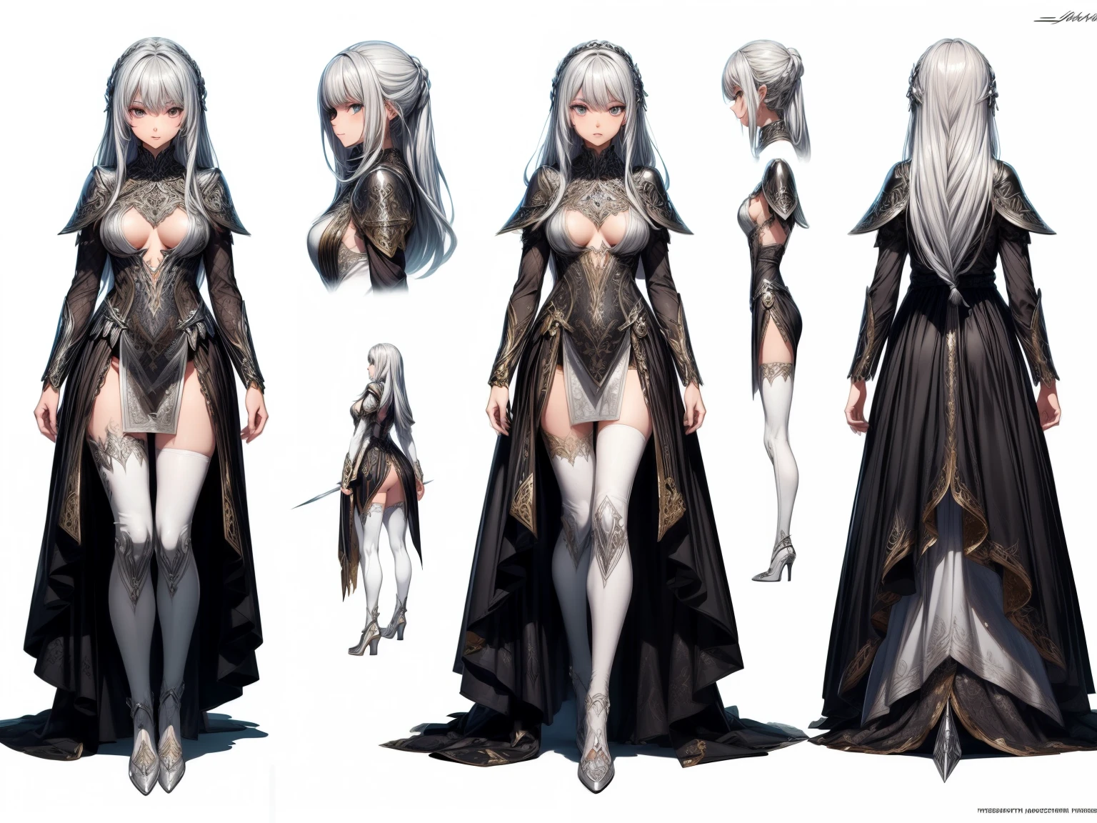 (masterpiece), ultra detailed, 8k, ((A character sheet:1.4)) or reference sketch of a beautiful long silver haired girl, ultra realistic and sharp detail and intricate, intricate details, and style, background illustration, white flat background,((long silver hair)),((fantasy black combat dress)), young, slightly small breasts, cute, expressionless