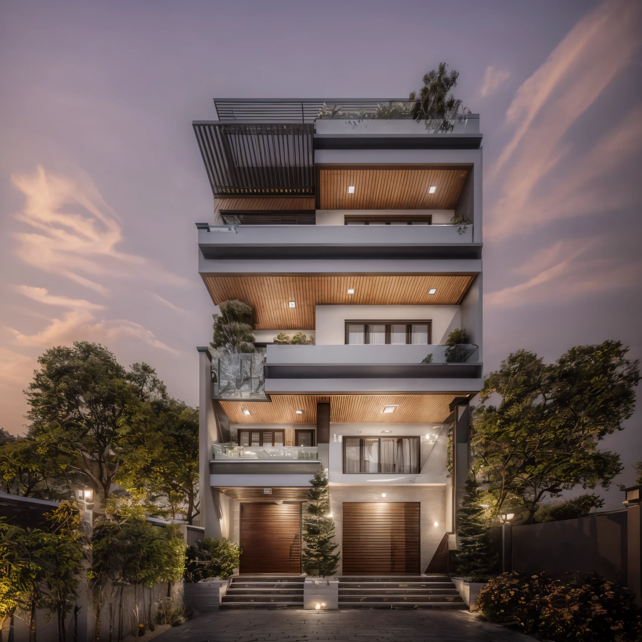 Exterior, house, luxury, modern style, reflective glass material, white wall paint, stone wall, wooden ceiling, in the city, crowded street, many cars, many people, many trees, Trees on the roof, sunrise, empty clouds, 8k, vray images