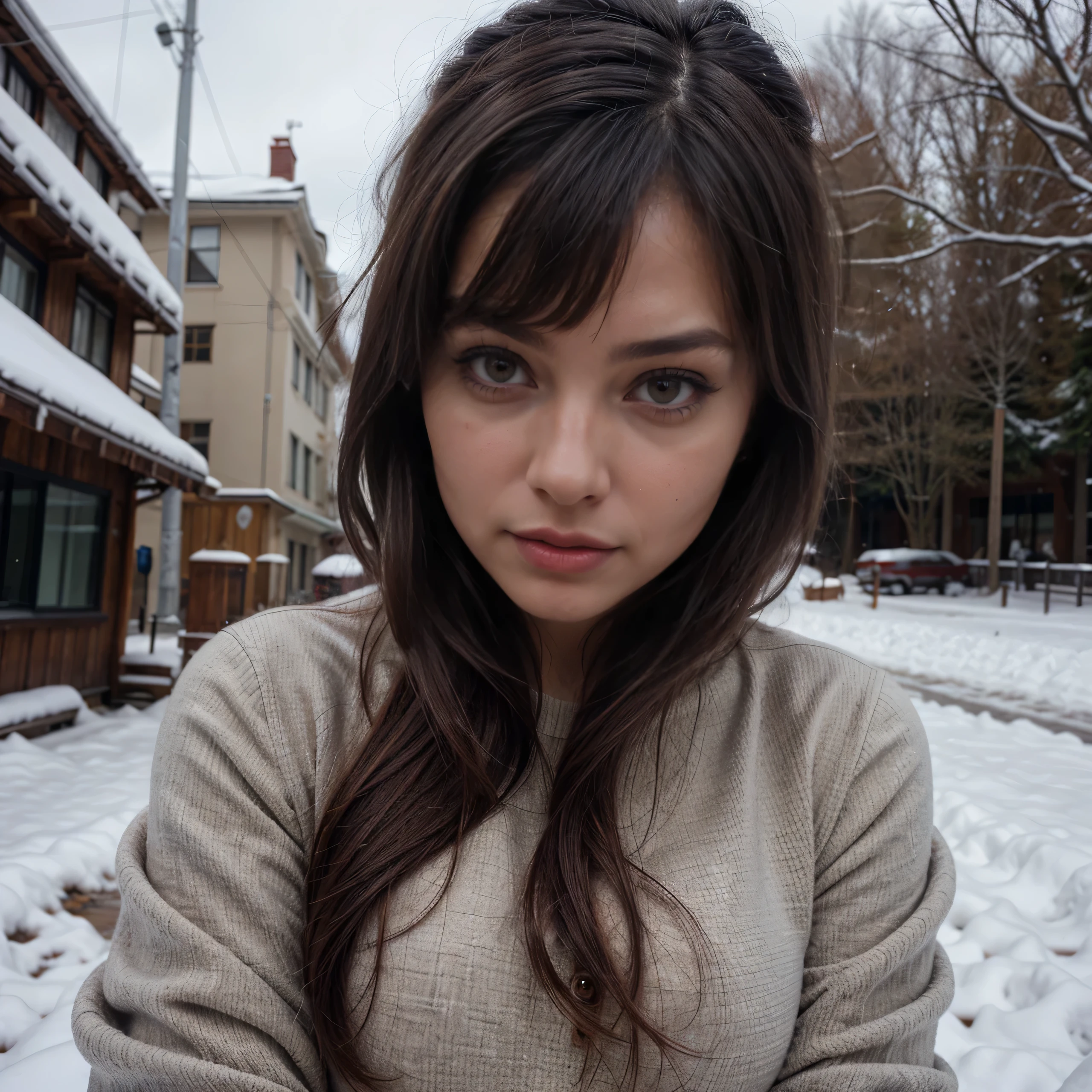 woman named mia, arafed woman fully, with blue eyes, ultra realistic, meticulously detailed, selfie for instagram sophie mudd, black hair and large eyes, young woman, brown eyes, violet myers, with makeup, natural makeup, a face with artgram, subtle makeup, stunning half body shot, medium to large size bust, small breasts, ultra-detailed and realistic background, winter, wearing a winter outfit, russian babe