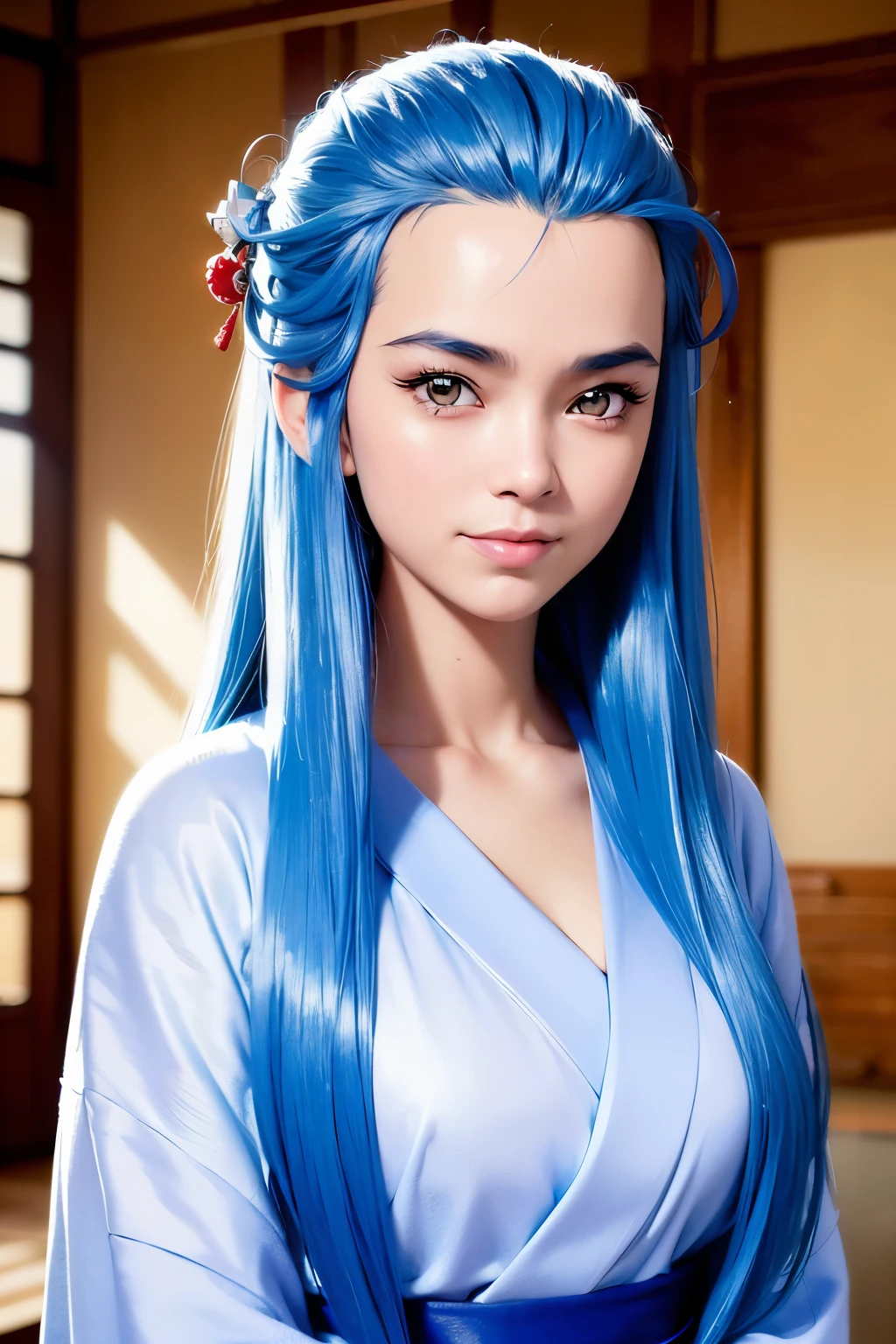 MinazukiKotoko,((a young girl１people))),(((Beautiful blue hair))),((リアルなpeople々object image)),(Reality),((best quality)),(muste piece),(highest quality),((Highest image quality)),((highest resolution)),((fine details)),((beautiful detailed face)),((angry expression:blush)),(Beautiful detailed orange eyes),((looking at the camera)),(upward glance),beautiful detailed nose,(open your mouth slightly),((beautiful white skin)),((wear a luxurious kimono)),(precise arms),((big breasts)),((Accurate and beautiful upper body)),(((Photographed mainly on the face and chest))),((indoor:school classroom:detailed background)),