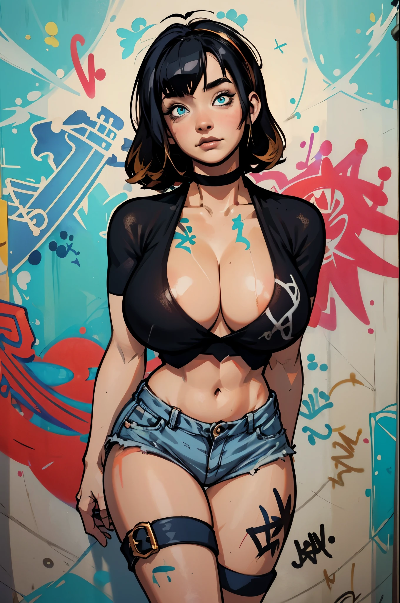 masterpiece, best quality, 1girl, solo, crop top, ((colossal cleavage:1.3)), denim shorts, choker, (graffiti:1.5), paint splatter, arms behind back, against wall, looking at viewer, armband, thigh strap, paint on body, head tilt, bored, multicolored hair, aqua eyes, headset, peepshow, nipslip