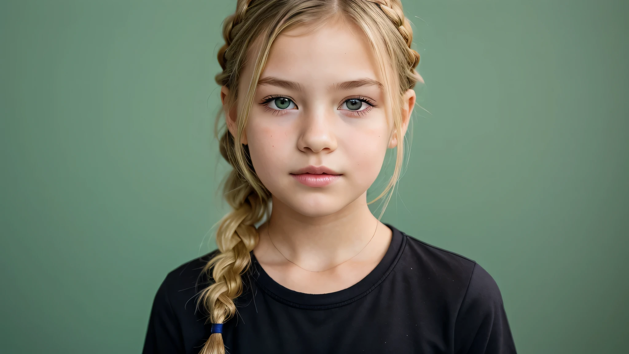 girl 12 yeblonde g, com franja no cabelo longo and braids . green background.