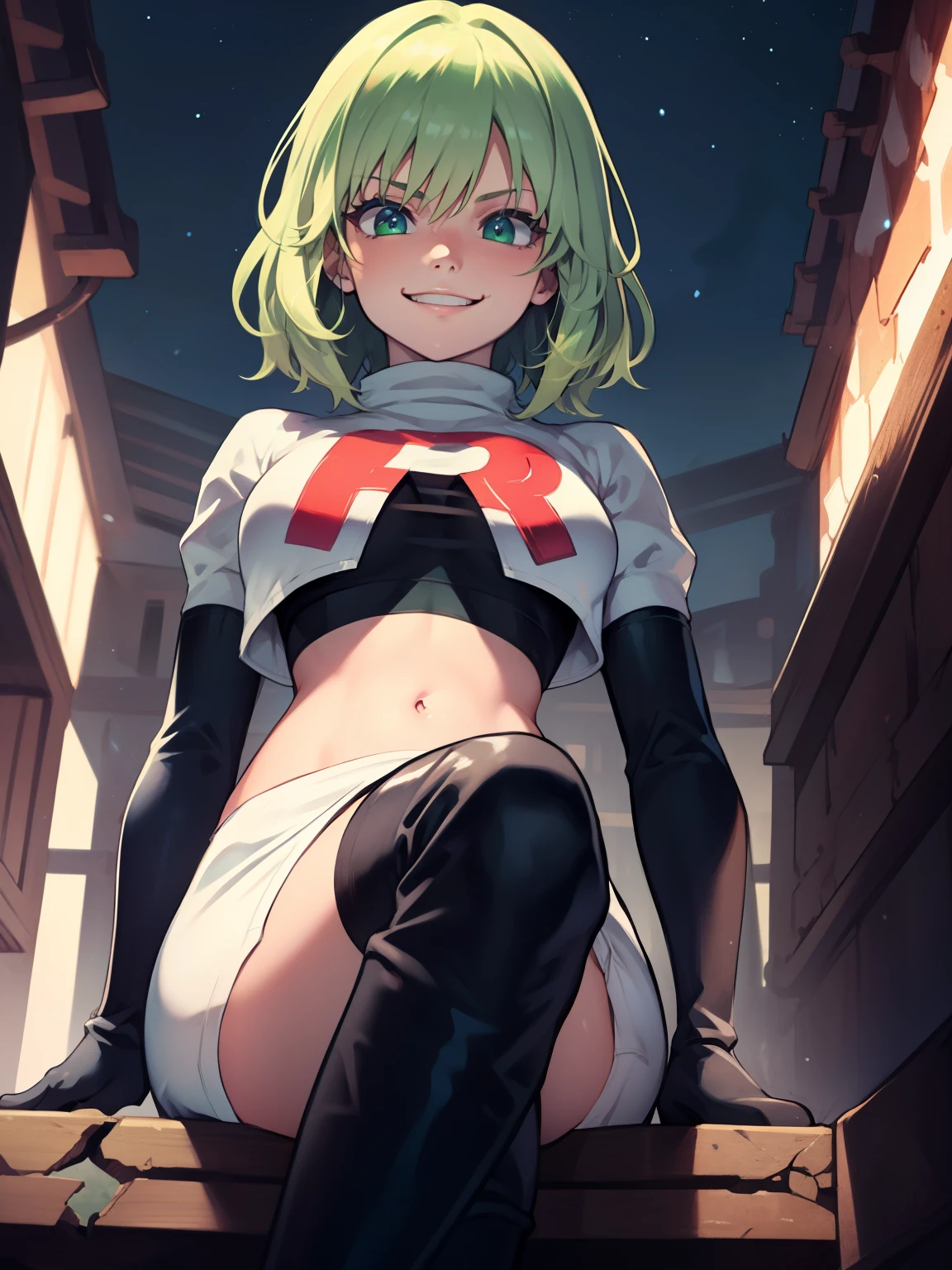 fembyleth, very short hair, light green hair ,glossy lips ,team rocket uniform, red letter R, white skirt,white crop top,black thigh-high boots, black elbow gloves, evil smile, looking down on viewer, crossed legs, night sky background