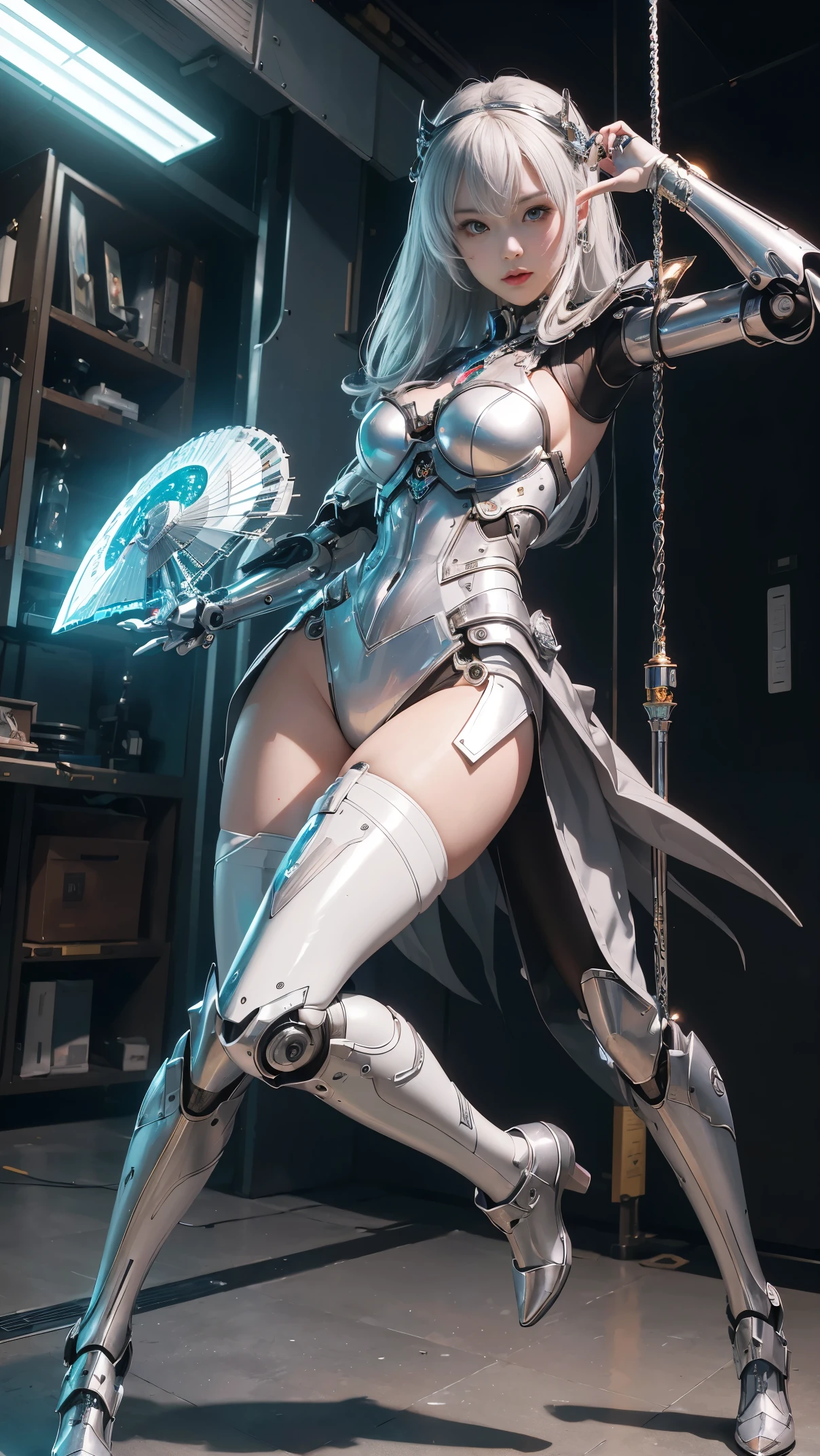 (high resolucion, 4k, Masterpiece:1.2),((Ultra-detailed:1.2)),(realisitic,Realistis:1.37), dramatic, Girl robot married in Japan,mechanical limb,Mechanical trunk,Made of shiny white and silver translucent glass and plastic, robot armor dresses, Joyful expressions, , there a woman that taking a picture of herself, a hologram inspired by Leng Mei, trending on cg society, interactive art, cosplayer, trending at cgstation, anime convention, anime , holding a pair of fans. unreal 5, anime style mixed with fujifilm, exposed metal skeleton, swing the laser sword, professional , girl in mecha cyber armor, hot topic anime convention, (random pose、dynamicposes,:1.2)