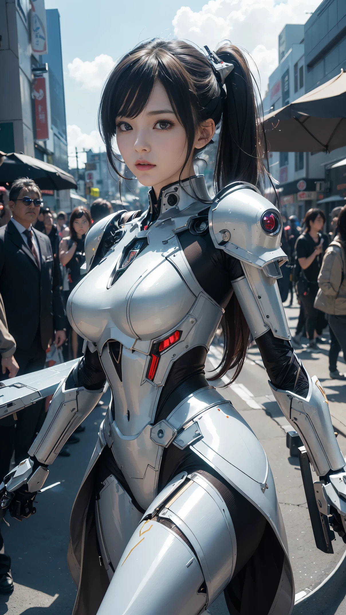 (photorealistic:1.4), (RAW photo)masutepiece, Best Quality, Extremely detailed, (Photorealistic:1.4), (8K, 4K, Best Quality, hight resolution, 超A high resolution:1.1), 8K portrait,1girl in, Japaese android gid,Plump , announcer,control panels,android,Droid,Mechanical Hand, ,Robot arms and legs, Black hair,Mechanical body,Blunt bangs,perfect robot woman,Charging spot,Long Tube,A thick cable was connected to her neck,metallic body ,Mechanical body,android,robot humanoid,a bit chubby,panty,full eyes,perfect mechanical body,white robotics body,future laboratory,metallic chest ,She has repaired,She has a socket between her legs,clothes with a sense of mechanical technology,android factory,robot factory,dark black tights,silver body,metallic body,black sponge joints