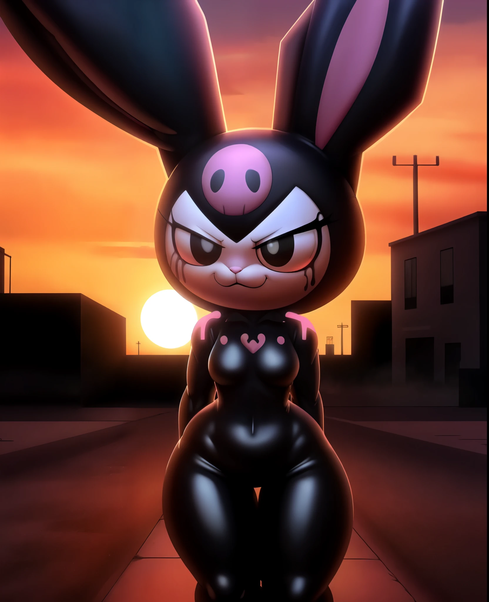 ((kuromi)), (solo), (black suit), (symbiote), (bunny body), (white venom symbol on her chest), (black goo all over her body), (black slime), sunset, post-apocalyptic, masterpiece, 8k HD high definition , detailed, hyper detailed, armature, best quality, ultra high res, high resolution, neon pink outline, neon white