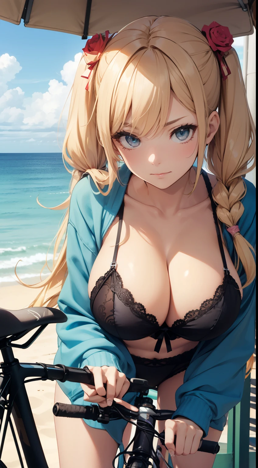 long blonde hair twintails, big breasts, There is a cleavage in the chest, rose pink detailed lace lingerie, (Full body Esbian)､seaside sandy beach、ribbon､ride an SUV bike、Japanese､close up of butt、detailed bikes、Ergonomically suitable、serious face