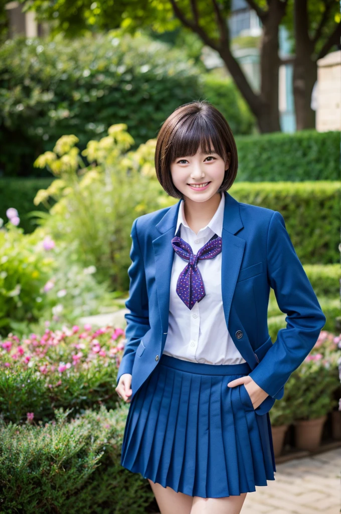 highest quality、masterpiece、High resolution、4K、real 18 year old woman、Dark blue blazer、pleated mini skirt、garden、smile、high school girl、short hair、1 girl、