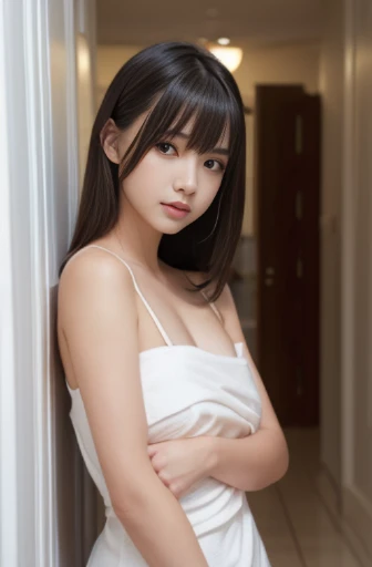 one girl, (beautiful girl, delicate girl:1.3), (:1.3),
break, NSFet nude out, bath towel:1.3),
break, extremely fine-grained clarity, (symmetrical eyes:1.3),
break, (entrance, In the hallway:1.3),
break, large breasts, brown eyes, parted bangs, black hair, petite girl,
break, (Eye and face details:1.0),
break, (table top, highest quality, super detailed, detailed face, 8k)
