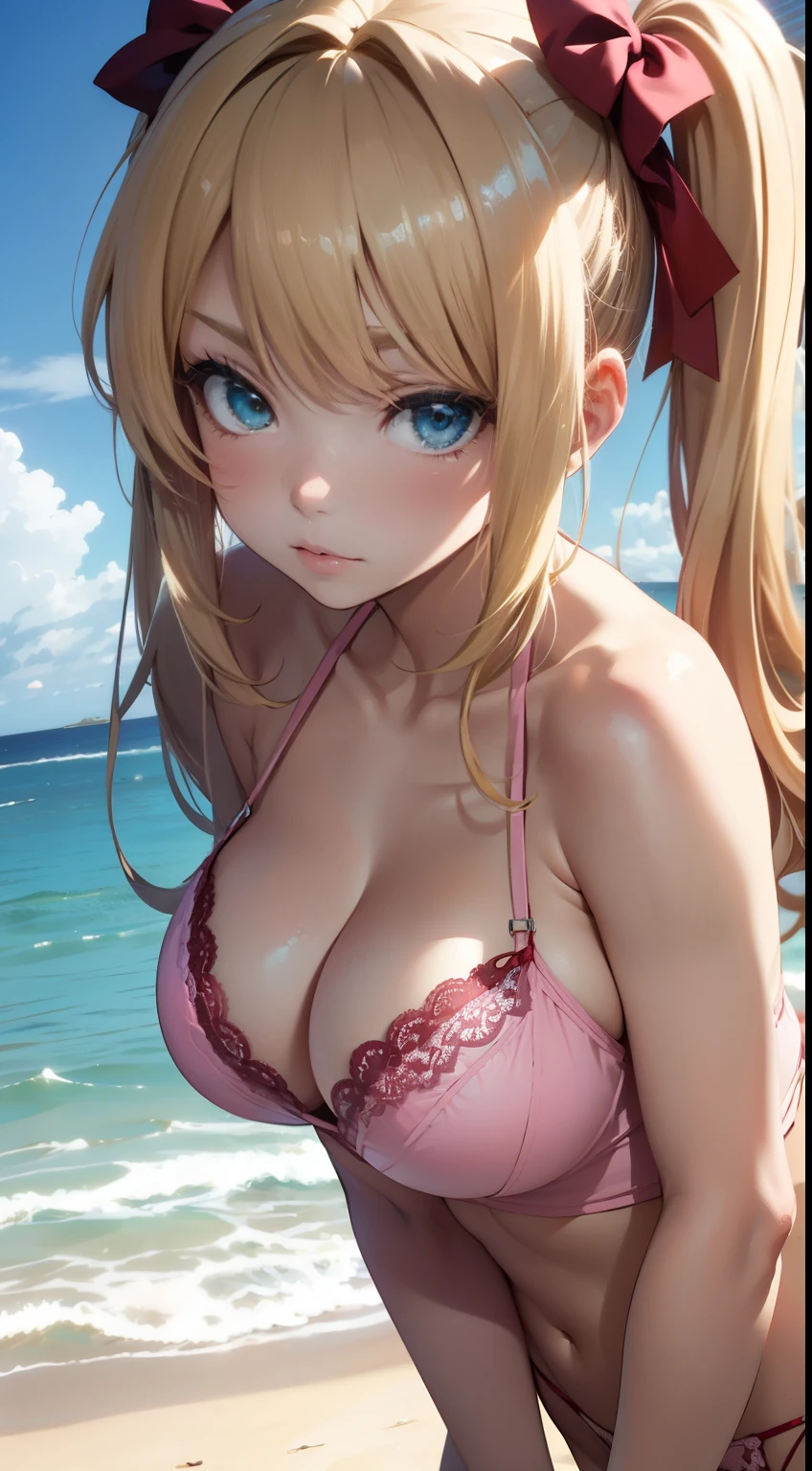 long blonde hair twintails, big breasts, There is a cleavage in the chest, pink detailed lace lingerie, (Full body Esbian)､seaside sandy beach、ribbon､offing、Japanese､close up of butt、professional surfer、Suitable for ergonomics、serious face､high waves、professional riding