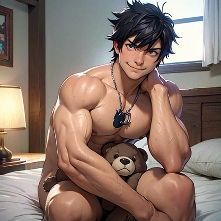 1boy muscular naked, Gray full buster sitting on a bed looking at the viewer holding a teddy bear, muscular body and bedroom scene, colourful toys scattered around, smirk on face