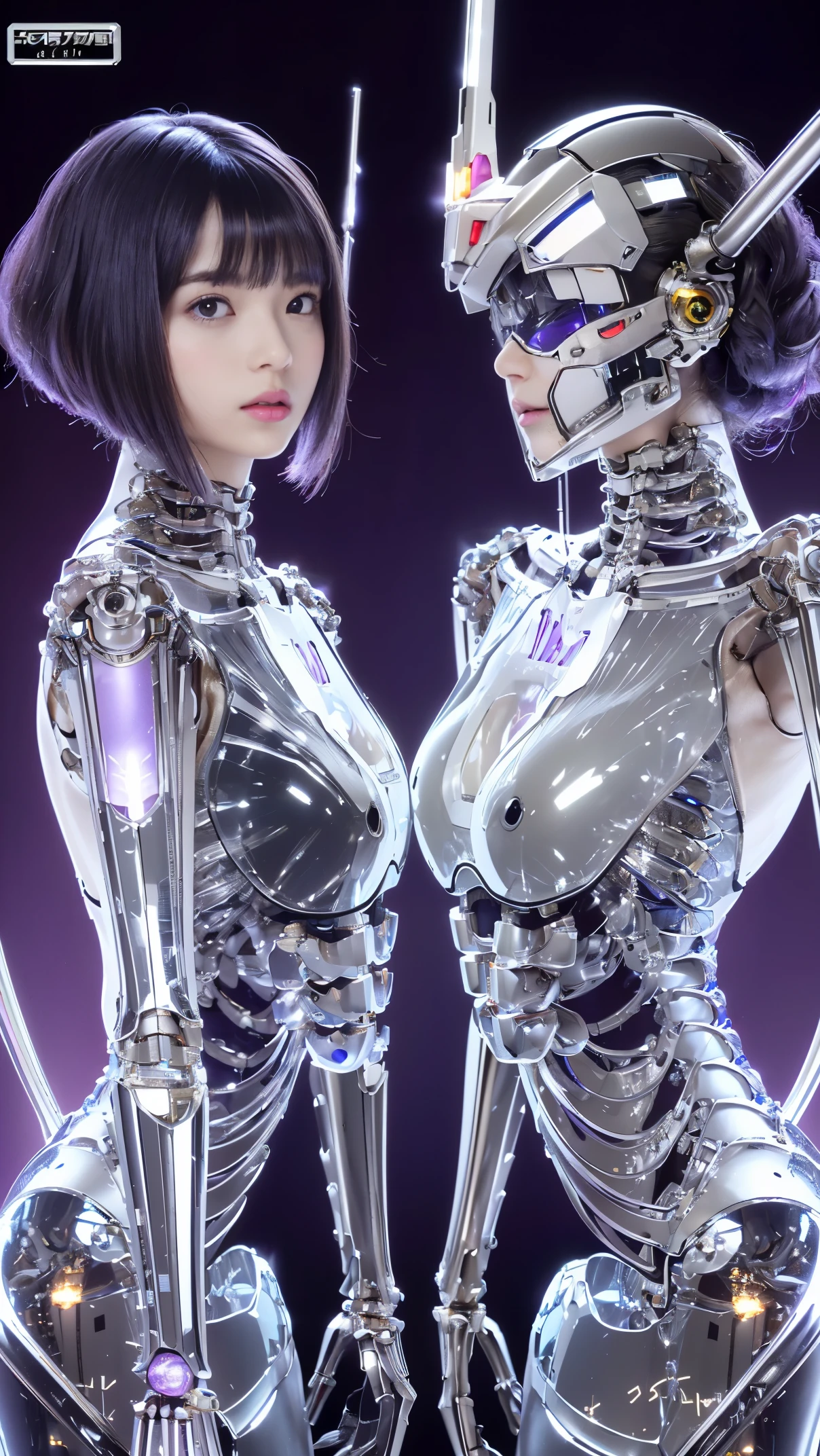 top-quality、​masterpiece、超A high resolution、(Photorealsitic:1.4)、Raw photo、女の子1人、Black hair、((Below the neck  an all-mechanical skeleton with no skin:1.4))、(((Colorless transparent latex with glamorous female shape covering the body of the machine:1.4)))、((Large transparent resin nipples:1.4))、((super realistic details))、portlate、globalillumination、Shadow、octan render、8K picture quality、ultrasharp、((All mechanical metals are mirrored silver plated.:1.4))、Details of complex ornamentechanical skeleton、Vascular in the tube、highly intricate detail、Realistic light、CGSoation Trends、a purple eye、radiant eyeacing the camera、neon details、Limbs of the machine、Mechanical vertebrae、Mechanical neck、sitting on、Wires and cables connecting to the head、Gundam、Small LED lamp、(Purple lighting from behind:1.2)、