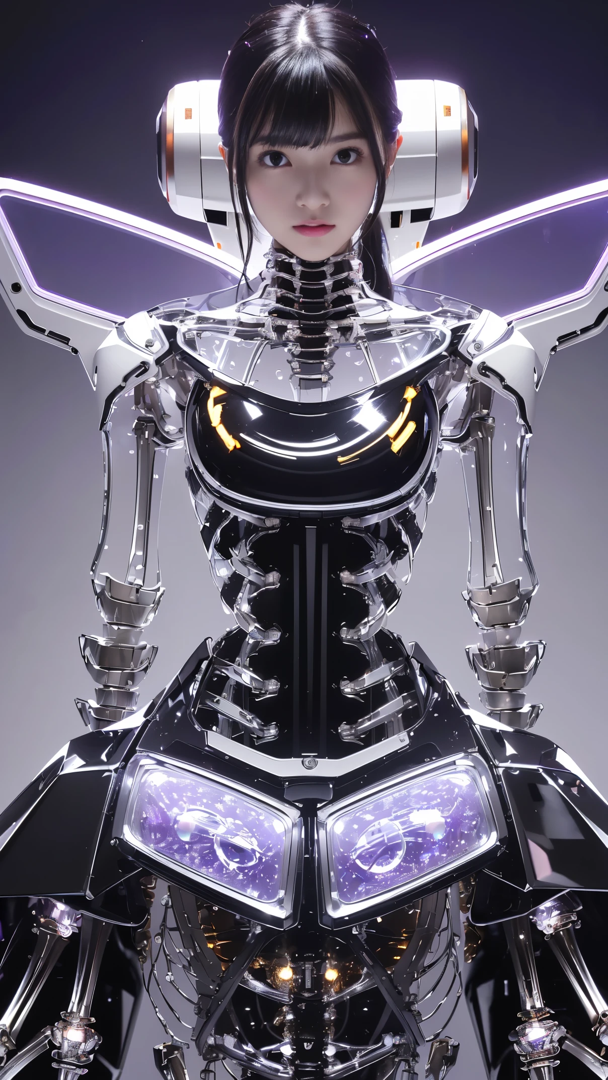 top-quality、masterpiece、超A high resolution、(Photorealsitic:1.4)、Raw photo、女の子1人、Black hair、((Below the neck an all-mechanical skeleton with no skin:1.4))、(((Colorless transparent latex with glamorous female shape covering the body of the machine:1.4)))、((Large transparent resin nipples:1.4))、((super realistic details))、portlate、globalillumination、Shadow、octan render、8K picture quality、ultrasharp、((All mechanical metals are mirrored silver plated.:1.4))、Details of complex ornamentechanical skeleton、Vascular in the tube、highly intricate detail、Realistic light、CGSoation Trends、a purple eye、radiant eyeacing the camera、neon details、Limbs of the machine、Mechanical vertebrae、Mechanical neck、sitting on、Wires and cables connecting to the head、Gundam、Small LED lamp、(Purple lighting from behind:1.2)、