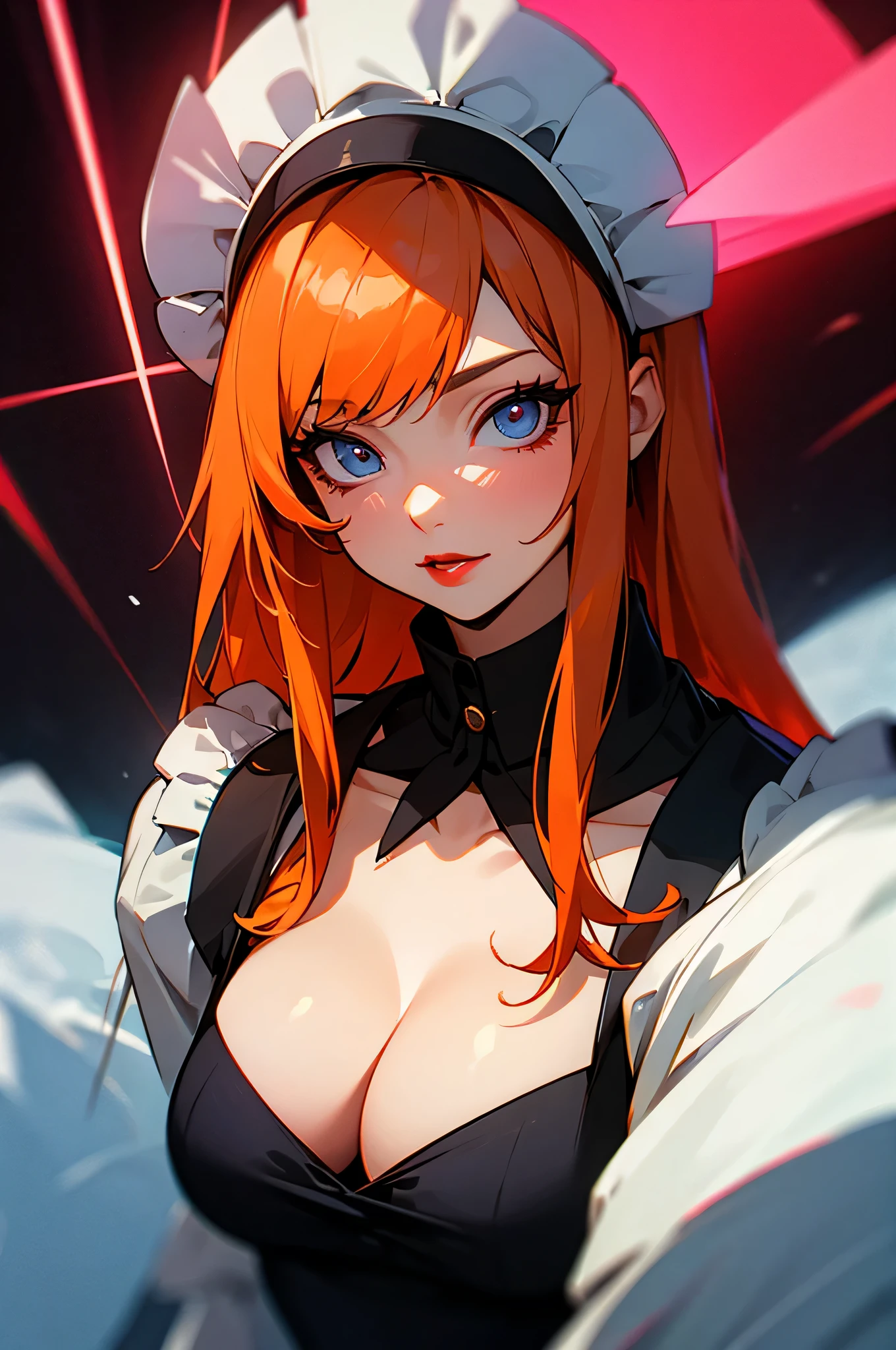 women only、、long hair、orange hair、Maid clothes、gently、red lipstick、looking at camera、eyes are pink、cleavage、Neon feeling、neon laser、white people、skin like snow、dark city、dark atmosphere、