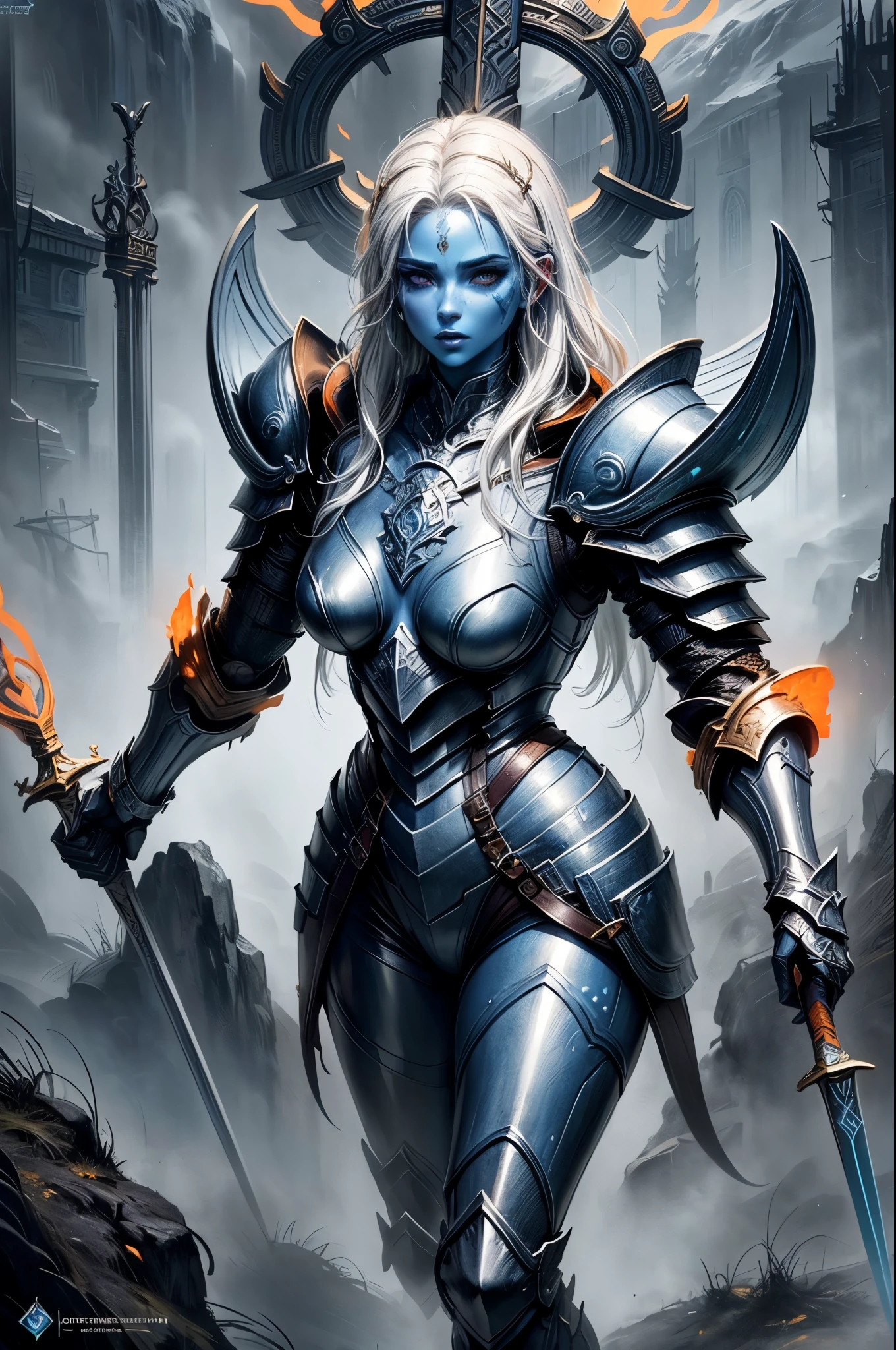 fantasy art, dnd art, RPG art, wide shot, (masterpiece: 1.4) portrait, intense details, highly detailed, photorealistic, best quality, highres, portrait a vedalken female (fantasy art, Masterpiece, best quality: 1.3) ((blue skin: 1.5)), intense details facial details, exquisite beauty, (fantasy art, Masterpiece, best quality) cleric, (blue colored skin: 1.5) 1person blue_skin, blue skinned female, (white hair: 1.3), long hair, intense green eye, fantasy art, Masterpiece, best quality) armed a fiery sword red fire, wearing heavy (white: 1.3) half plate mail armor CM-Beautiful_armor wearing high heeled laced boots, wearing an(orange :1.3) cloak, wearing glowing holy symbol GlowingRunes_yellow, within fantasy temple background, reflection light, high details, best quality, 16k, [ultra detailed], masterpiece, best quality, (extremely detailed), close up, ultra wide shot, photorealistic, RAW, fantasy art, dnd art, fantasy art, realistic art,((best quality)), ((masterpiece)), (detailed), perfect face