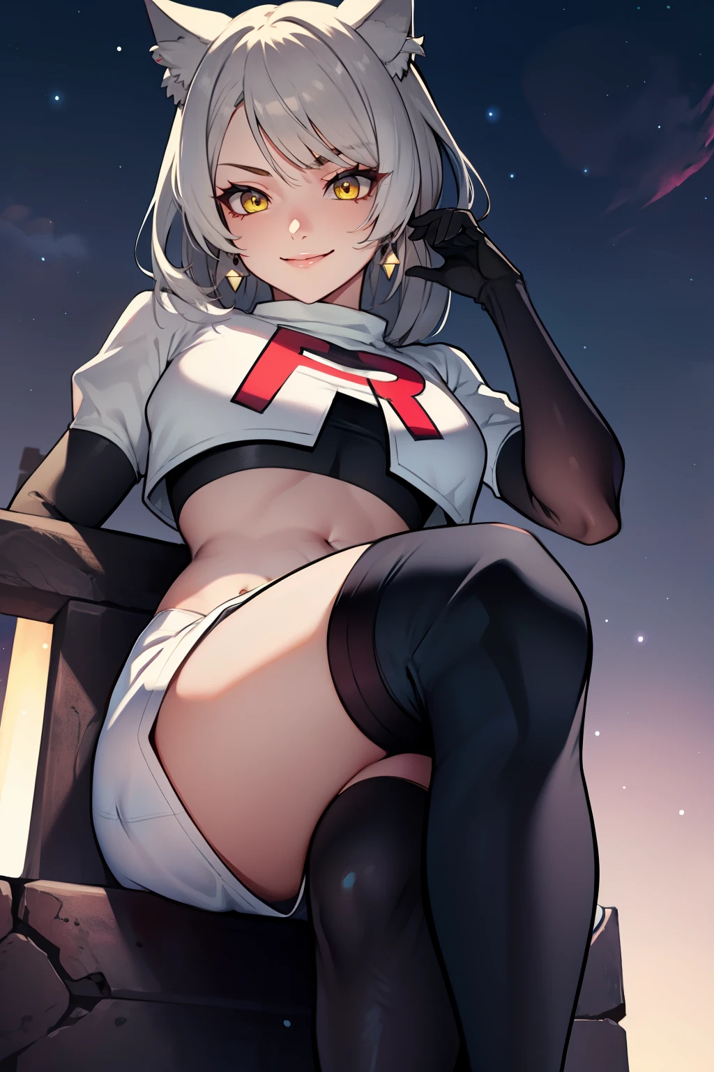 mio \(xenoblade\), 1girl, animal ears, yellow eyes ,grey hair, braid ,glossy lips, light makeup, eye shadow, earrings ,team rocket,team rocket uniform, red letter R, white skirt,white crop top,black thigh-high boots, black elbow gloves,evil smile, looking down on viewer, crossed legs, night sky background