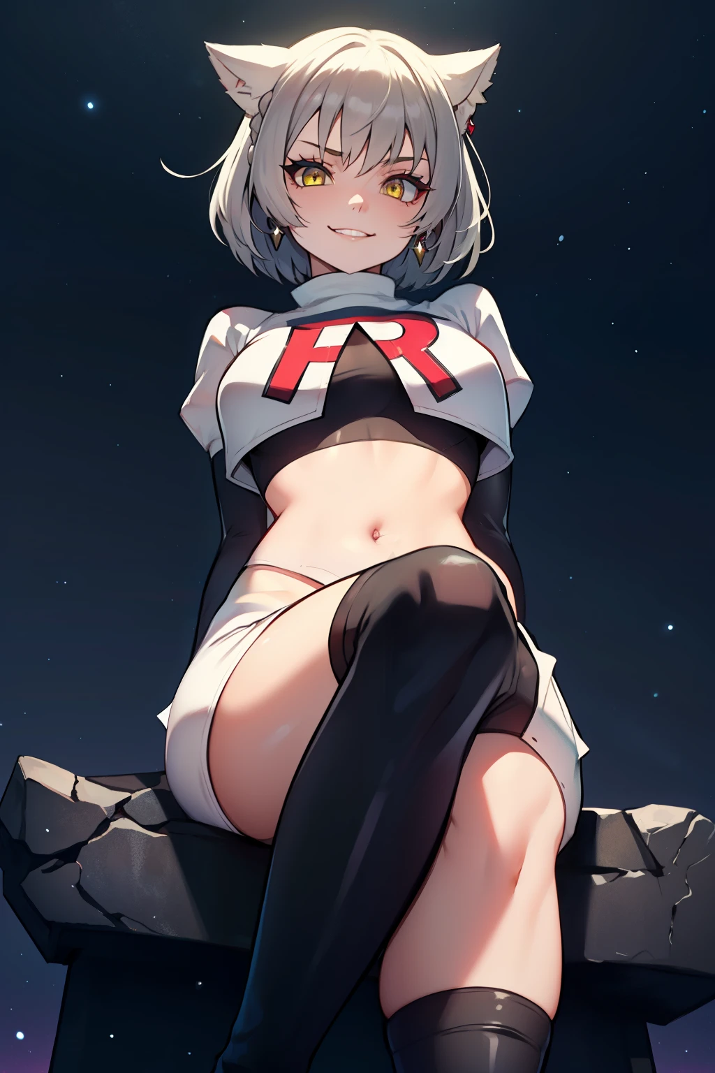 mio \(xenoblade\), 1girl, animal ears, yellow eyes ,grey hair, braid ,glossy lips, light makeup, eye shadow, earrings ,team rocket,team rocket uniform, red letter R, white skirt,white crop top,black thigh-high boots, black elbow gloves,evil smile, looking down on viewer, crossed legs, night sky background