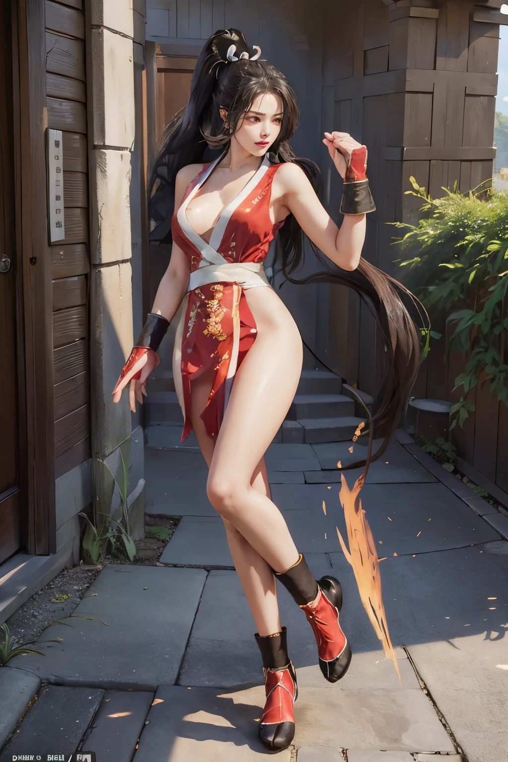 (mai shiranui:1.7), (tabi:1.9), (Full body portrait:2.0), Full body, (Realism), (masutepiece:2.0), (Best Quality), (ultra-detailliert), (8K, 4K, Convoluted), (Flat Lighting:1.2), (skinny), Prestige, Brown eyes, Long hair, brown eyes, long hair, brown hair, white ribbon, sleeveless, ponytail, sash, pelvic curtain, arm guards, gloves, tabi, fascinated expression, Sexy eyes, slim, medium breasts, Smile, Cute, view the viewer, Long hair, Close to Japan temple, (breasts focus:1.2), (Realistic:1.2), (Full Shot: 1.2), (85 mm), light Particle, Lighting, (Highly detailed:1.2), (Detailed face:1.2), (gradients), SFV, Colorful, (Detailed eyes:1.2), (Detailed temples of Japan: 1.2),(Detailed background), (Dynamic Angle:1.2), (Dynamic Pose:1.2), (Line of action:1.2), Wide Shot, Daylight, Solo.