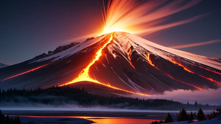 ((best quality)), (detailed), (landscape), (wide angle),Mt Shasta at night, lava flowing down the mountain, (a red aura in the night sky), HDR, 4k, 3D