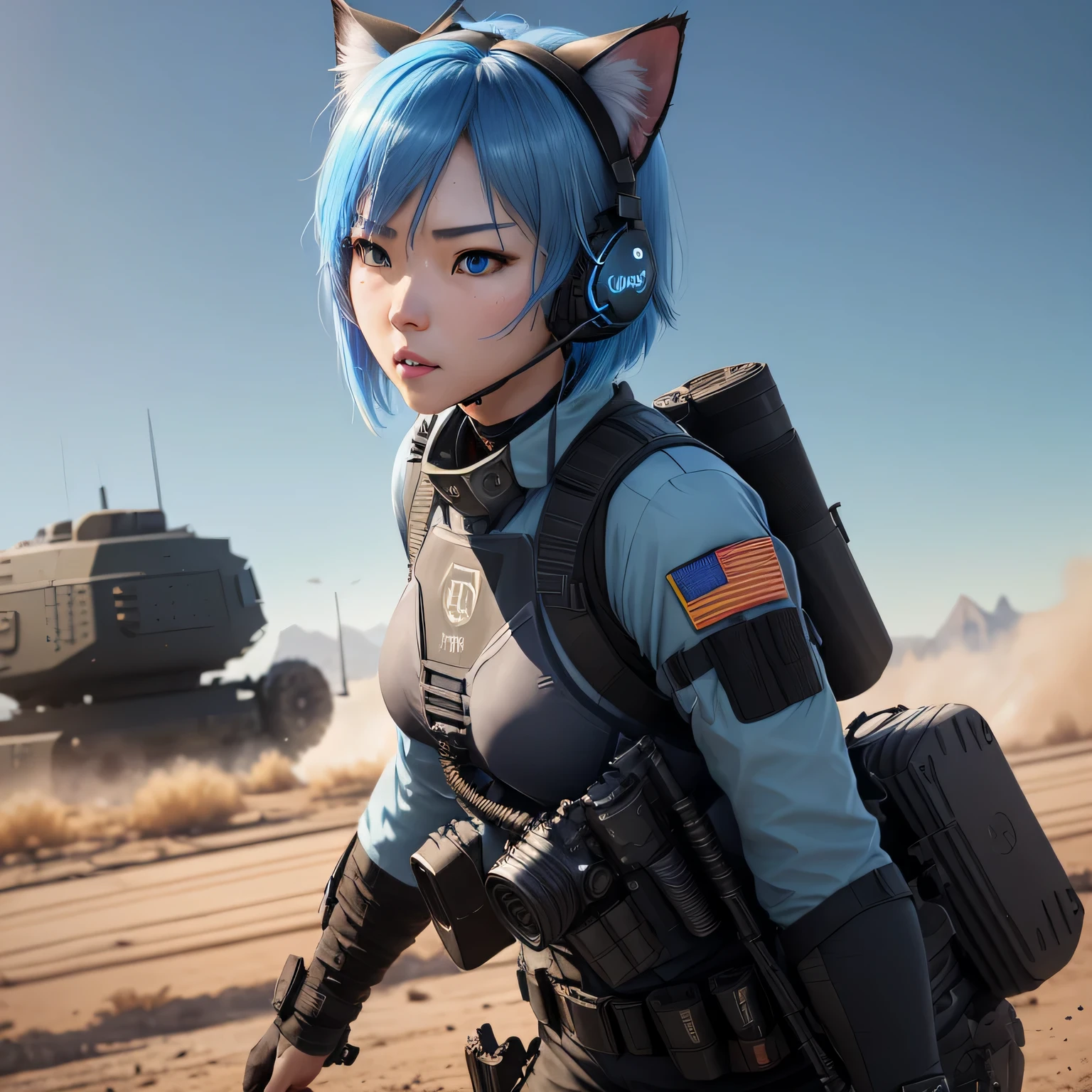 (8k, HDR, RAW photo, best quality, masterpiece:1.2, cinematic lighting), close up view, cinematic view, cinematic angle, a scene of battlefield, (Korean woman holding tactical shield in battlefield), military, combat pose, solo, (thin face), realistic beautiful face, very detailed face, angry face, serious, (bob cuts hair), ((sky blue hair)), path traced hair, (sky blue cat ears), ((sky blue eyes)), beauty eyes, (flat chest), (small breast), ((tactical black headset)), black camo uniform, black shoulder pads, black tactical vest, black armor pads, tactical socks, black tactical pants, detailed and complex busy background, (Battlefield:1.3), look up, upper body