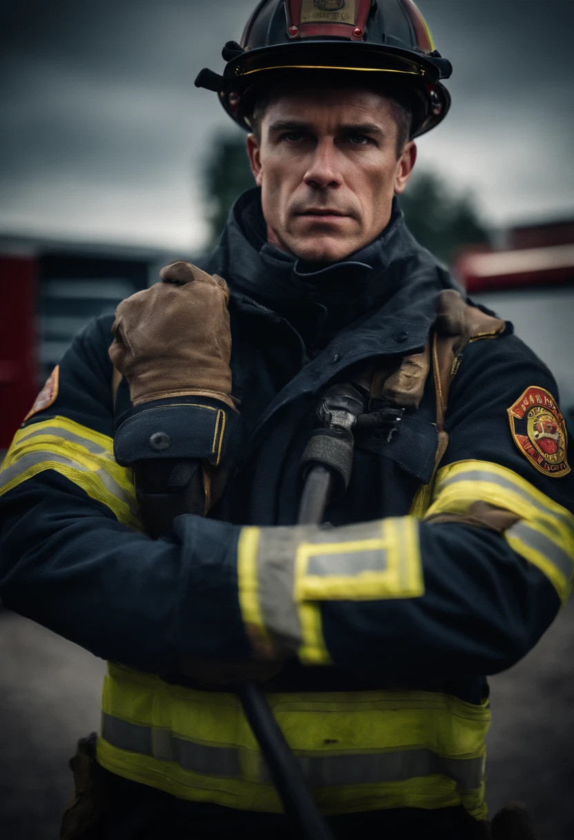 a close-up shot of a firefighter’s crossed arms, emphasizing the strength and determination in their stance