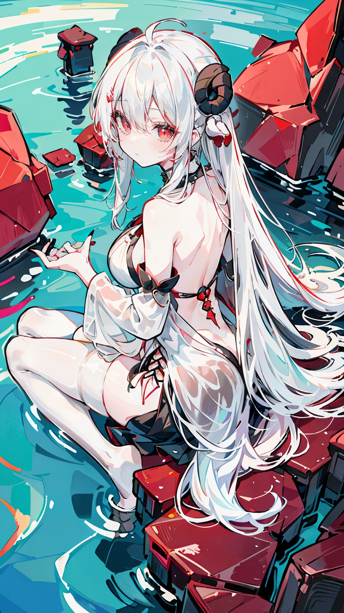a girl,Sheep's horn, full color, long white hair, Red眼睛 ,Eyeliner, , Turn your hips, immerse in water, black transparent clothes, Red, open air, Rose, night, ruins, Butterfly,back view,big asutt close-up,Sit on the camera