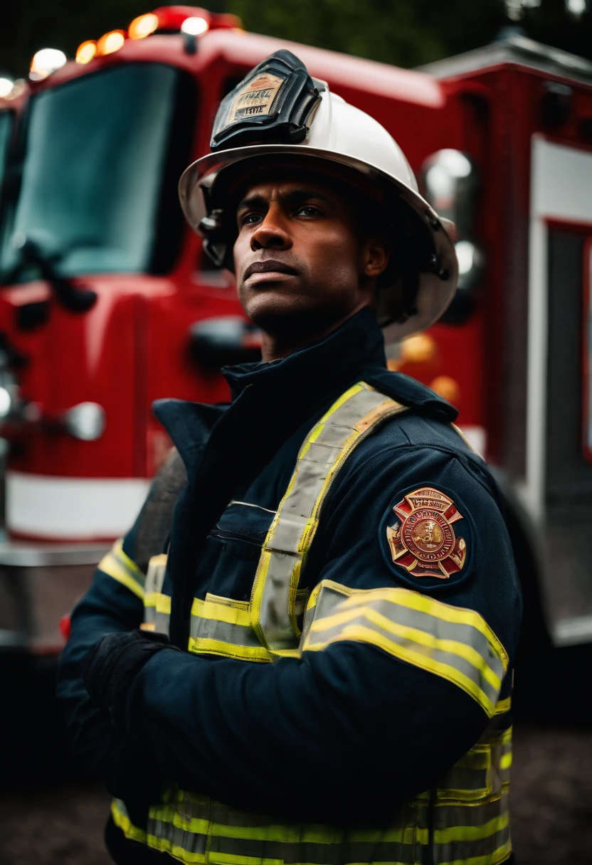 a wide-angle shot of a firefighter with crossed arms in front of a fire truck, showcasing their readiness and preparedness for action