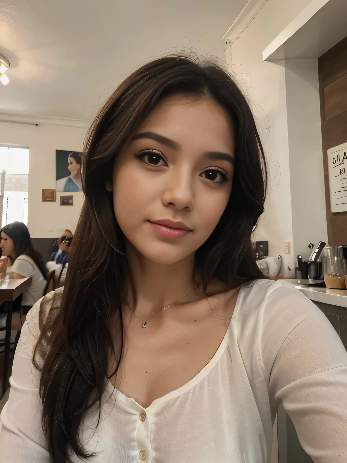 Foto de uma mulher morena de 25 anos, que tem um rosto muito natural, labios finos, Olhos finos, sobrancelhas finas, nariz fino, brincos, long eyelashes. She takes a cute selfie in a cafe, foto de frente, sem pessoas de fundo