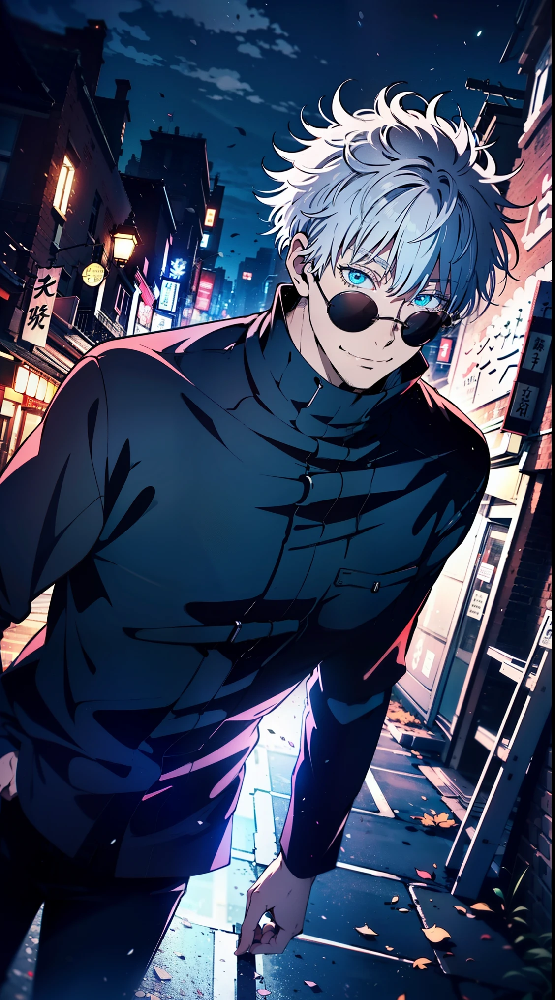 epic composition, city ​​street, Japan, deserted street, the night, flashing in the background, Red and blue color, (tmasterpiece, beste-Qualit: 1.2), male focus, 1boy, Gojo Satoru, round eyewear, Sunglasses, hands in pocket, blindfold, black jacket, (Masterpiece:1.3),(Best Quality:1.2),8K,absurdress,Unity 8K WallPapper,(Extremely detailed:1.3),supreme, hight resolution, Amazing, illustartion, Beautiful studio soft light, Stunningly beautiful, incredibly absurdres, Vivid details, Cinematic lighting, moody lighting, pixiv, Award-winning, Professional, Highly detailed, Gojo1, inform, looking a viewer, Smile, Short hair, 1boy, Standing, jacket, white colored hair, male focus,spiked hair, facing viewer, (red background:1.1), high collar, blindfold, (Magic:1.3), (aura:1.3),