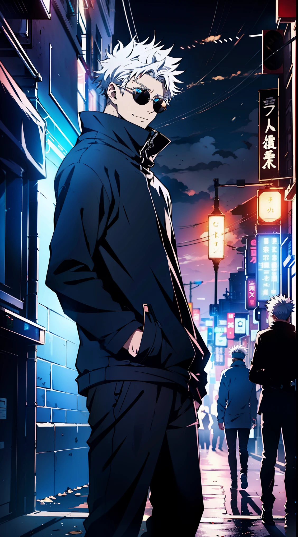 epic composition, city ​​street, Japan, deserted street, the night, flashing in the background, Red and blue color, (tmasterpiece, beste-Qualit: 1.2), male focus, 1boy, Gojo Satoru, round eyewear, Sunglasses, hands in pocket, blindfold, black jacket, (Masterpiece:1.3),(Best Quality:1.2),8K,absurdress,Unity 8K WallPapper,(Extremely detailed:1.3),supreme, hight resolution, Amazing, illustartion, Beautiful studio soft light, Stunningly beautiful, incredibly absurdres, Vivid details, Cinematic lighting, moody lighting, pixiv, Award-winning, Professional, Highly detailed, Gojo1, inform, looking a viewer, Smile, Short hair, 1boy, Standing, jacket, white colored hair, male focus,spiked hair, facing viewer, (red background:1.1), high collar, blindfold, (Magic:1.3), (aura:1.3),