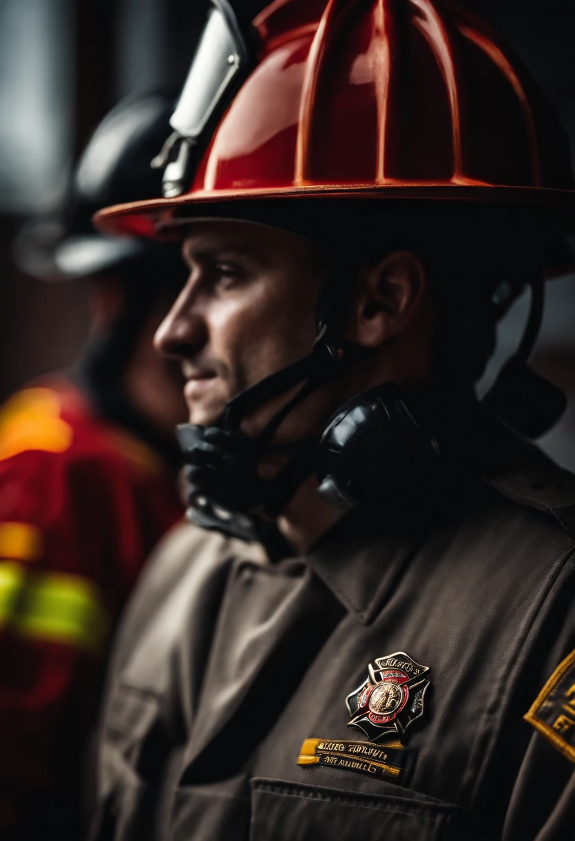 a detail shot of a firefighter’s uniform and equipment, focusing on the intricate details and the symbolism of their profession