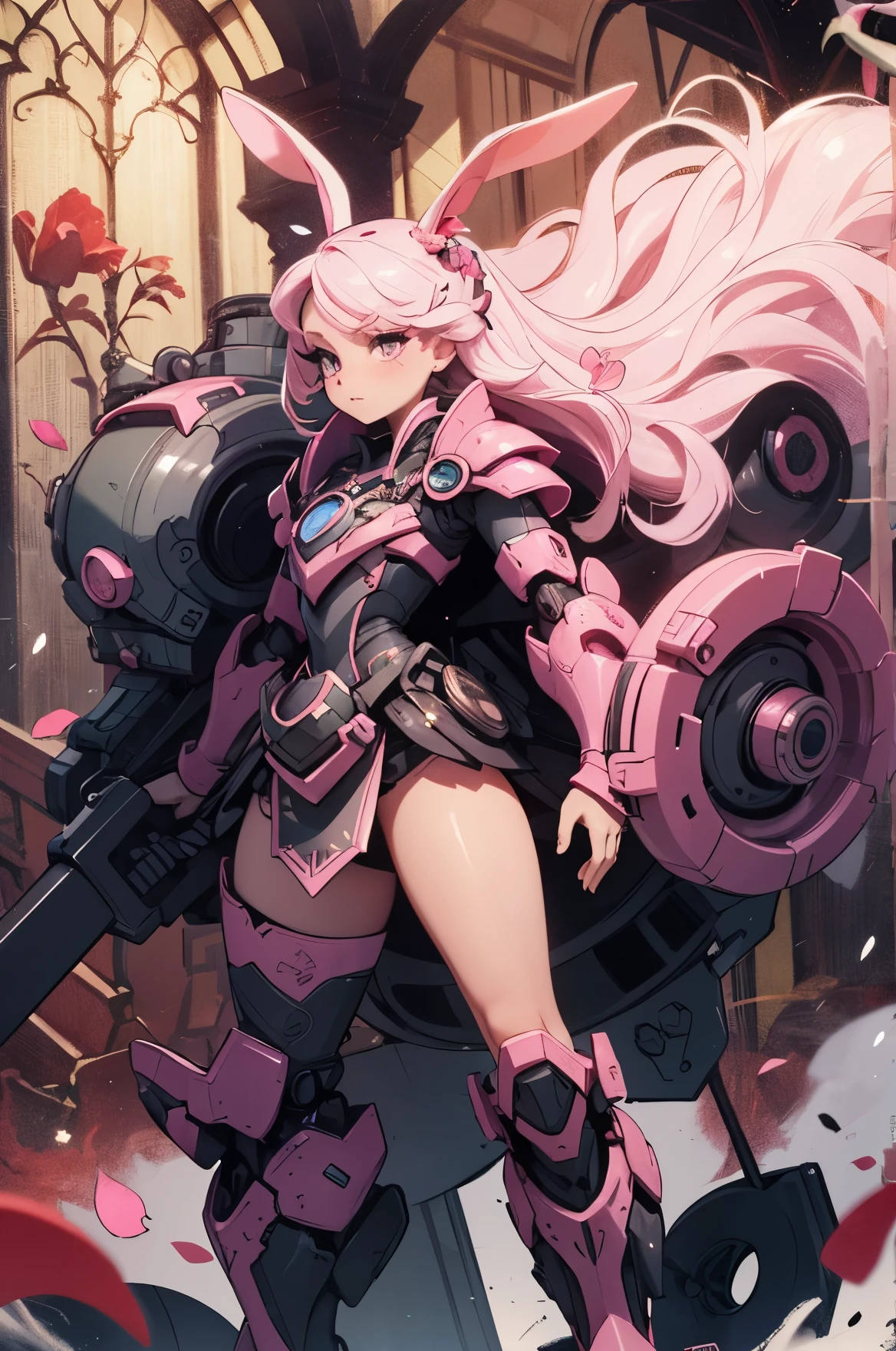 (detailed illustrations,Very detailed and precise drawing,Delicate drawn lines with tempo,Realistic texture expression),[color traced main line],(fantasy world battlefield [burning castle]),(GIRL ROBOT  (pink rabbit [METALFACE[lenticular iris]])) [WEAPON MACHINE],(([petal] metal dress [frills]) [flower pattern] [Clear pink translucent armor that covers the body surface]) [ribbon]) [Energy tubes that glow at the joints],[use a sledgehammer as a weapon],[[Mobile Weapon Gigant Size][science fiction mechanical]],(Metallic luster on metal parts),(intricate and beautiful decoration [Dense detail]),(Precisely drawn face)[perfect eye details(Beautifully detailed iris)[eyes like jewels]],[long and beautiful eyelashes],[precisely drawn hair [Beautiful and shiny hair details]],(perfect hand details [Beautiful fingers with no damage [beautiful nails]]),(perfect anatomy(perfectly balanced proportions))[[full body portrait]],[ideal color coordination(Accurate simulation of light and material interactions)],[Visual art that tells a story].