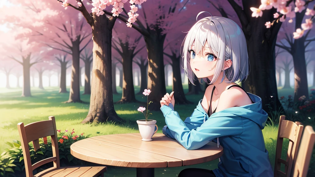 (table top: 1.2, highest quality), 1 female, alone, silver hair,show your shoulders,very short hair, long bangs between the eyes, blue eyes,black eye, hoodie,gray hair, silver hair, hoodie, 白いhoodie、blue sky、fountain in the forest、flower garden、cherry blossoms falling、sit on a chair、laughter、open your mouth、five fingers、upward glance、Hugging