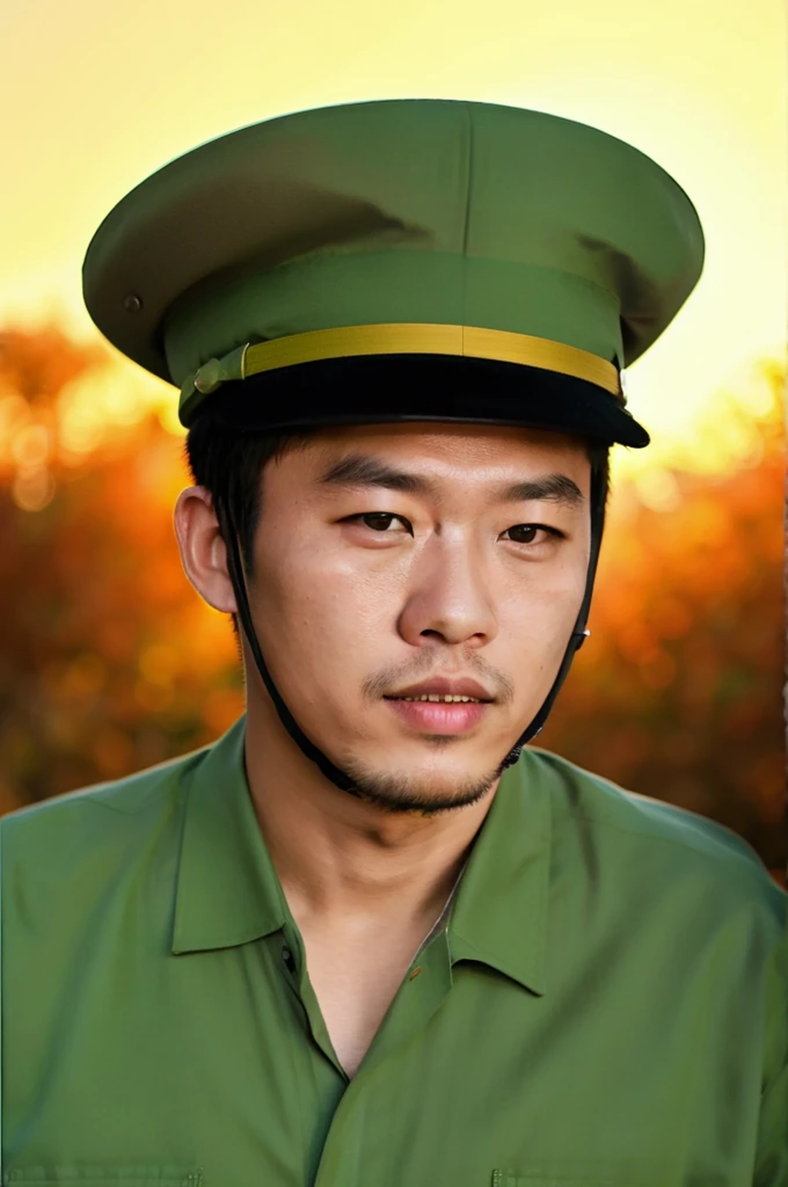 Haute qualité, portrait d'un homme asiatique de 25 ans, portant une chemise de l'armée vietnamienne, visage détaillé, plan cinématographique, Éclairage dramatique, (conserver les proportions du visage :1), (racine des cheveux:1),