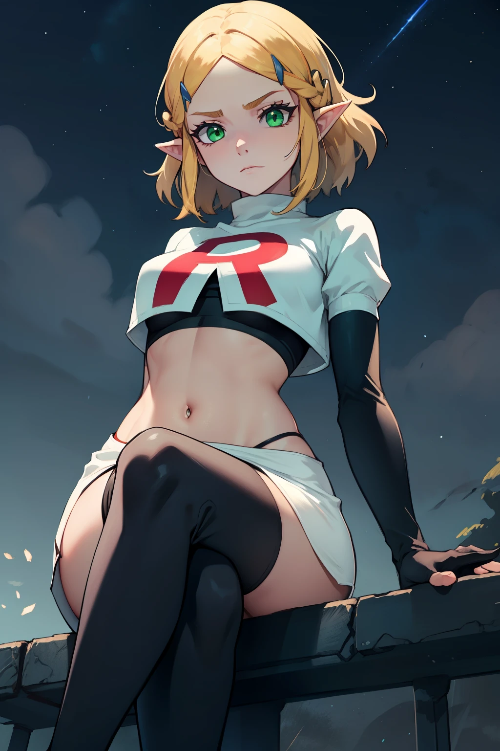 Zelda, green eyes, short hair ,team rocket,team rocket uniform, red letter R, white skirt,white crop top,black thigh-high boots ,black elbow gloves, sinister villianess look, looking down on viewer, crossed legs, night sky background