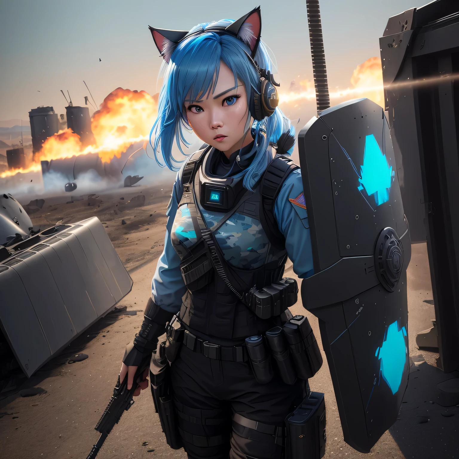 (8k, HDR, RAW photo, best quality, masterpiece:1.2, cinematic lighting), close up view, cinematic view, cinematic angle, a scene of battlefield, (Korean woman holding shield in battlefield), military, combat pose, solo, (thin face), realistic beautiful face, very detailed face, angry face, serious, (bob cuts hair), ((sky blue hair)), path traced hair, (sky blue cat ears), ((sky blue eyes)), beauty eyes, (flat chest), (small breast), ((tactical black headset)), black camo uniform, black shoulder pads, black tactical vest, black armor pads, tactical socks, black tactical pants, detailed and complex busy background, barricade, shooting, bullet rain, fire, explosion, (Battlefield:1.3), look up, upper body